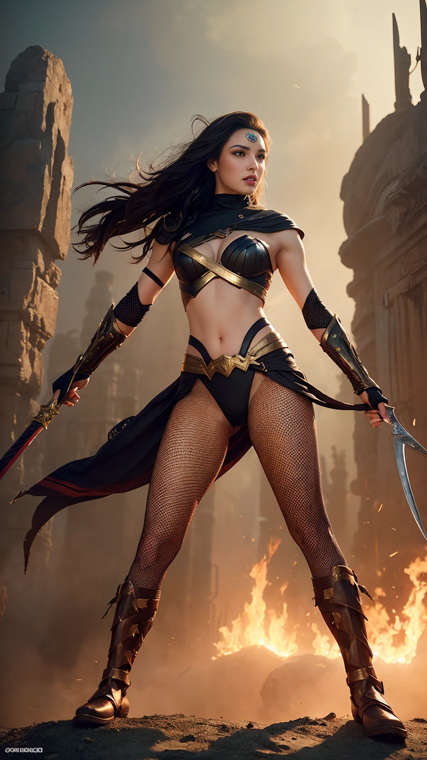 ((Full body photo, standing, feet on the ground)) a woman dressed as a warrior holding a sword, sexy painting of gal gadot, fishnet tights, tyler edlin fantasy art, fantasy woman, gal gadot as hell lord, zenescope, a very beautiful berserker woman, magali villeneuve', as seen on artgerm, very beautiful female barbarian, artgerm julie bell beeple, 4k fantasy art