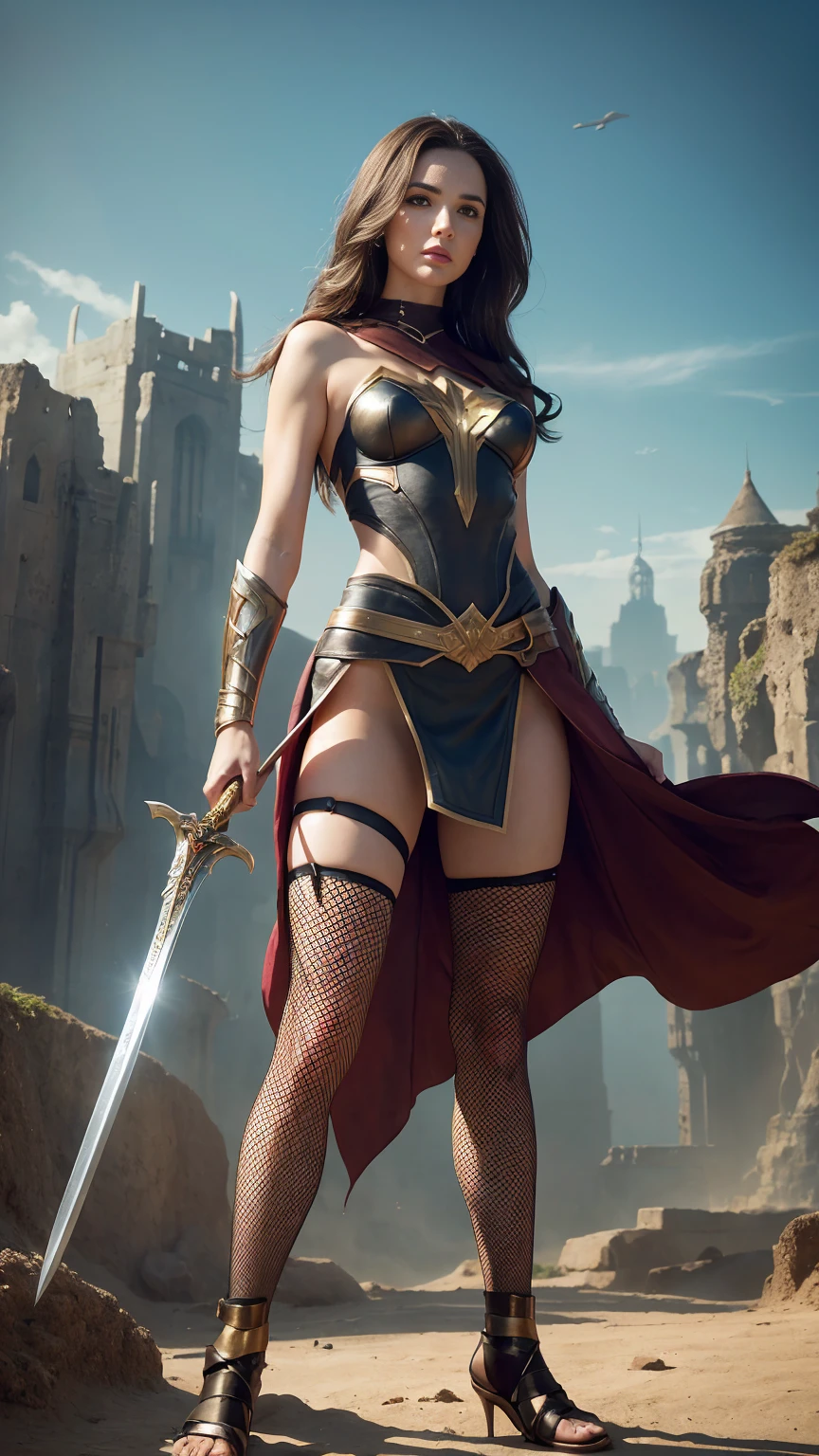 ((Full body photo, standing, feet on the ground)) a woman dressed as a warrior holding a sword, sexy painting of gal gadot, fishnet tights, tyler edlin fantasy art, fantasy woman, gal gadot as hell lord, zenescope, a very beautiful berserker woman, magali villeneuve', as seen on artgerm, very beautiful female barbarian, artgerm julie bell beeple, 4k fantasy art