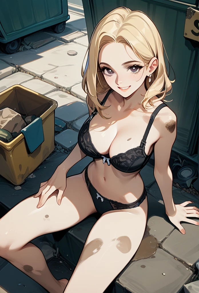 masterpiece, best quality, mature woman, blonde hair, sharp eyes, curvy body, dirty alley, sitting on the ground, bra, panties, besides dumpster, above view, front view, dumb smile, dumb expression, hand on thighs