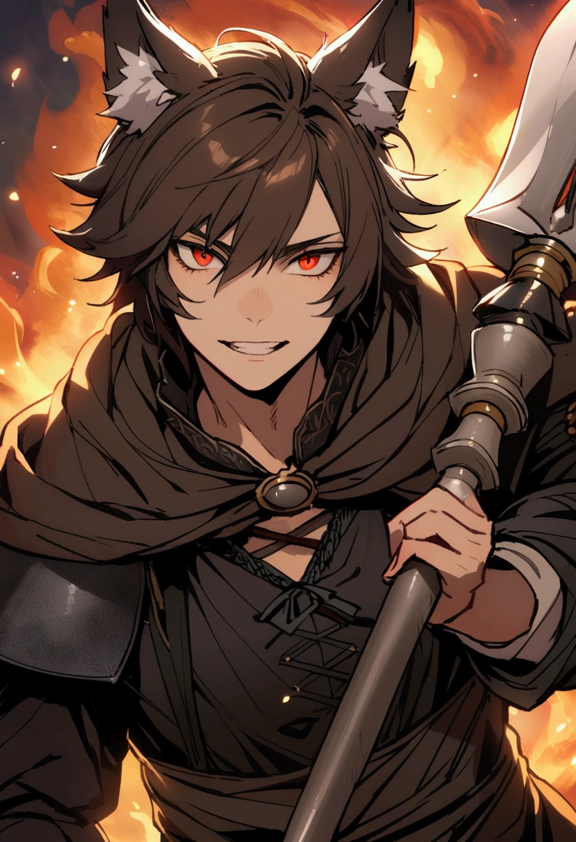 young man, brownhair, teeth sharp like a wolf, wolf's ears, Eyes red, medieval black clothing, holding a spear