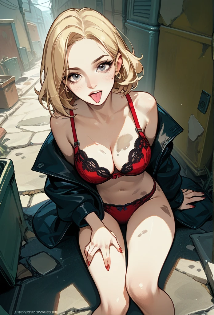 masterpiece, best quality, mature woman, blonde hair, sharp eyes, curvy body, dirty alley, sitting on the ground, bra, panties, besides dumpster, above view, front view, tongue out, hand on thighs