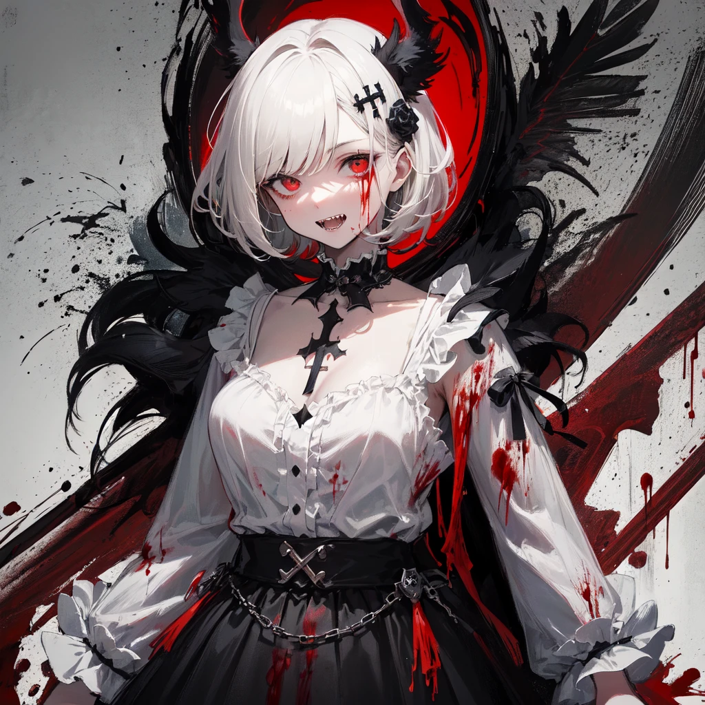 masterpiece, Highest quality, High resolution,(Highest quality,4K,High resolution,masterpiece:1.2),Very detailed,Realistic:1.37,masterpiece, Highest quality, Exquisitely crafted, woman, beautiful, elegant, smile, Blood, iridescent Long Hair, bangs, skirt, shirt, Long sleeve, Frills, shoes, (Red and Black:1.4), flower, spooky, Horror, 頭蓋Bones, Long Hair, Black Hair, Candles, Blood, hair flower, Dead, hair ornaments, Bone, doll, 頭蓋Bone, skeleton, Horror (theme),spooky altar background,Dark fantasy,Red color scheme,Ominous atmosphere,eyeを引く,Storytelling,anatomy,Anime Style,Concept Art,beautiful細部までこだわった顔と (((赤いeye ))),A terrifying ritual ,Satanic Ritual,Premature death,Misconduct,クレイジーなsmile,Scythe Face,Girl Monster, beautiful, Delicate facial features, 鋭いeye, Sharp Fangs, 青White skin, blonde,robot,Cursed Painting, Dark Background, Cinema Lighting, Dramatic Shadows, Gothic style, Gloomy atmosphere, Dark fantasy, One Girl, , Please open your mouth wide, Open your mouth and baring your teeth,Sharp teeth like a beast, Wide lips, very wide mouth, Vermilion cheeks, ,(Bloodしぶき:1.4),Scary smile, smile,Fallen angel design, ねじれたsmile、Bloodまみれの、頭からの出Blood,、Bloodしぶき、,(Bloodしぶき:1.4),Crossbones, 頭蓋Bone,Horror 一人の男の子, Cream colored hair, Gray Hair, Pearly hair, nice boy, Bunny ears, Loose-fitting clothing, Larger clothes, dark red eye, eyeの下のたるみ, dark circles under eye, やみcute, Fluffy hair, Voluminous Hair, skinny, slim, very skinny, Androgynous, cute, spooky, short hair, Horror, Faded colors, White skin, spooky, Unnaturally thin, I&#39;m hungry, eye, eye in background, sharp eye, Long eyelashes, Under the eyelashes, Loose shorts, レースshirt, Frillsshirt, Tie the ribbon&#39;head, Detailed clothing, A loose cardigan, Open cardigan, 滴るBlood, that&#39;terrible, nightmare, Haunted, stitch, patchwork, string, Injury, hell, Injury on arms, self-harm, cut, Black Fingers, factory, Abandoned, A dismembered ghost,Many heads,Many heads,Lots of faces,Multiple faces,Multiple Girls,Frolicking Girl,複数のwoman,tea ,クレイジーなsmile,look up,Face shot,Scythe Face,Girl Monster, slave,beautiful, Detailed portrait, Delicate facial features, 鋭いeye, Sharp Fangs, 青White skin, Thick chain, Dark Background, Cinema Lighting, Dramatic Shadows, Gothic style, Gloomy atmosphere, Dark fantasy, One Girl, , Please open your mouth wide, Open your mouth and baring your teeth,Sharp teeth like a beast, Wide lips, very wide mouth, Vermilion cheeks, ,(Bloodしぶき:1.6),Scary face, Laughter　Witch design, ねじれたsmile、Bloodまみれの、頭からの出Blood,,、Bloodしぶき、,(Bloodしぶき:1.6),Crossbones, 頭蓋Bone,　, Horrorスタイル, ((Fantasy Witch Costume)), ((Flowing white hair)), ,(Bloodしぶき:1.6),womanの曲線, Large Breasts, Thick thighs, Sexy flat stomach, Perfect hands, Perfect anime face, ((dark lolita dress)), Are standing, ((邪悪なsmile)), ,(Bloodしぶき:1.6),Victorian cities, gaslight, Steam circulates, Moonlight Illumination, night lighting, A sky filled with stars and galaxies,disaster々new devil horns,,(Bloodしぶき:1.6),アニメゾンビWitch design, ねじれたsmile、Bloodまみれの、頭からの出Blood,,、Bloodしぶき、,(Bloodしぶき:1.6),Crossbones, 頭蓋Bone,,Photo Background,Wide Shot,Scythe Face,Girl Monster, slave,beautiful, Detailed portrait, Delicate facial features, 鋭いeye, Sharp Fangs, 青White skin, Thick chain, Dark Background, Cinema Lighting, Dramatic Shadows, Gothic style, Gloomy atmosphere, Dark fantasy, One Girl, , Please open your mouth wide, Open your mouth and baring your teeth,Sharp teeth like a beast, Wide lips, very wide mouth, Vermilion cheeks, ,(Bloodしぶき:1.6),Scary face, Laughter　Witch design, ねじれたsmile、Bloodまみれの、頭からの出Blood,,、Bloodしぶき、,(Bloodしぶき:1.6),Crossbones, 頭蓋Bone,　, Horrorスタイル,