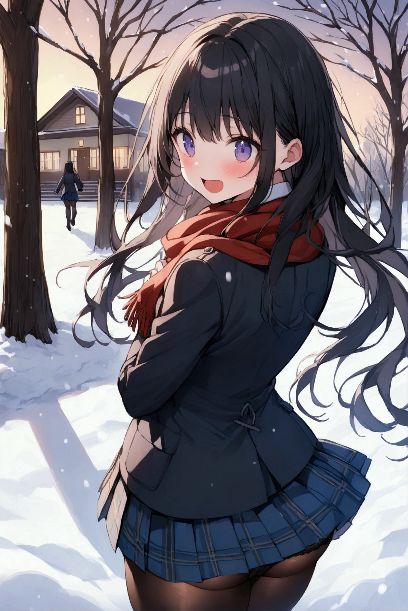 One Woman、beautiful girl、after school、evening、high school girl、Academy、Back of the school building、Schoolyard、winter、Under a big tree、It's snowing、Snowfall、Blazer uniform、Pleated skirt、Duffle coat、Black Pantyhose、Long Hair、Wearing a scarf、Highest quality, Thick thighs、Big 、Big Ass、Black Hair、Slipping on snow、Slip and fall、Fall backwards spectacularly、Black panties、Surprised expression、Fall fancy、Scream、slip and land on one's butt
