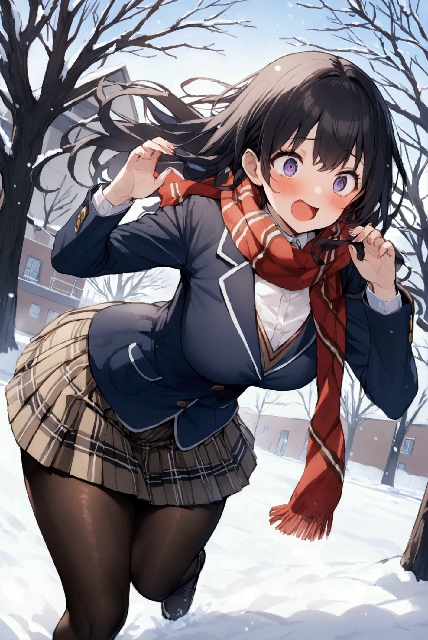 One Woman、beautiful girl、after school、evening、high school girl、Academy、Back of the school building、Schoolyard、winter、Under a big tree、It&#39;s snowing、Snowfall、Blazer uniform、Pleated skirt、Duffle coat、Black Pantyhose、Long Hair、Wearing a scarf、Highest quality,  Thick thighs、Big 、Big Ass、Black Hair、Slipping on snow、Slip and fall、Fall backwards spectacularly、Black panties、Surprised expression、Fall fancy、Scream、slip and land on one's butt