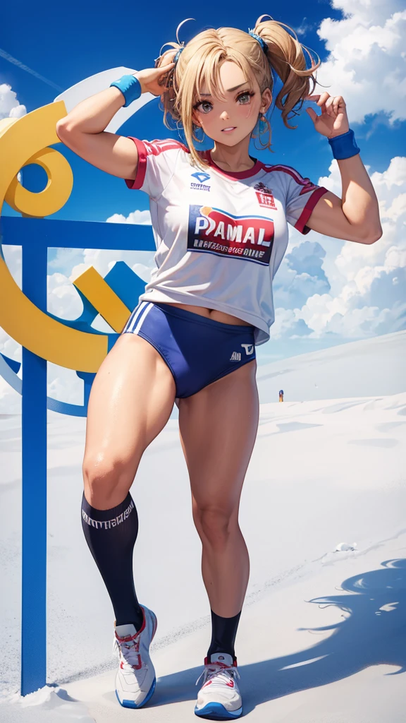 Gymnast Rebeca Andrade full body, with a gold medal and the sponsor Parmalat Whey printed on the clothes.