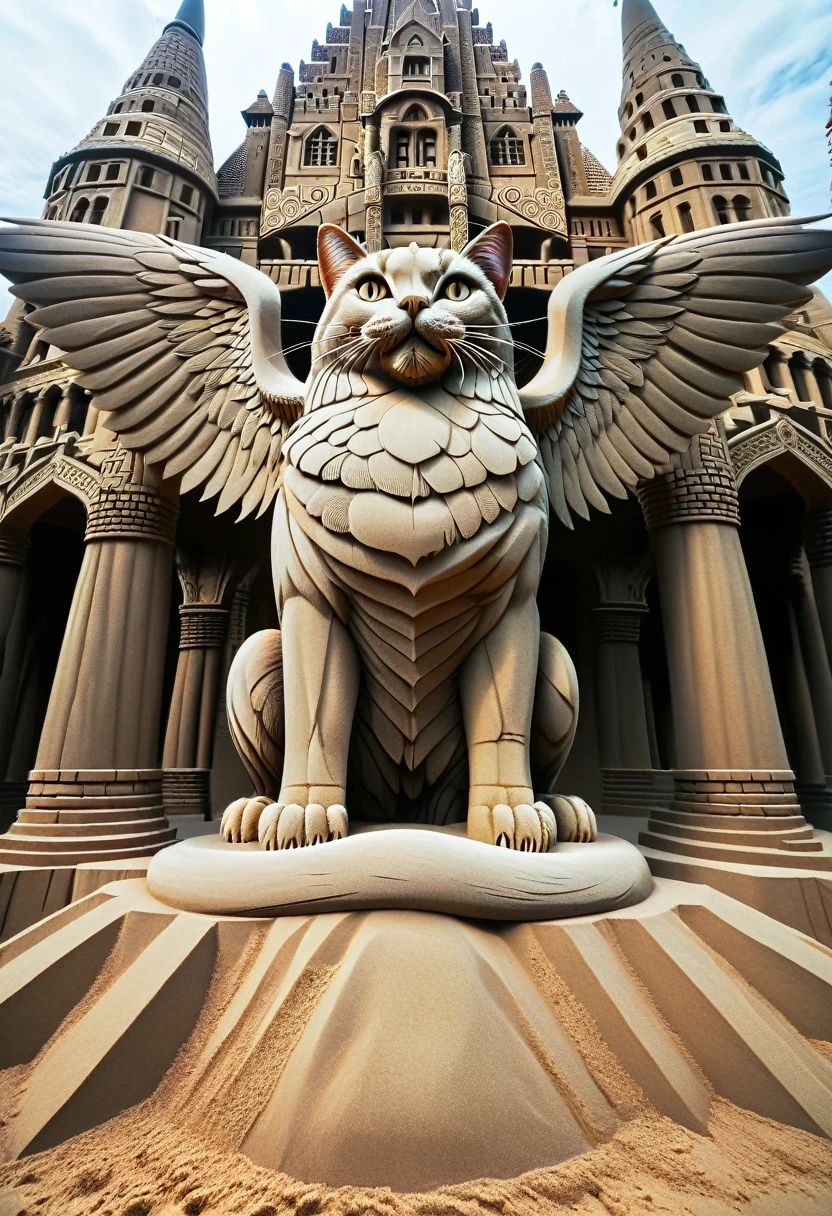 ( perfect anatomy )A huge divine cat with big wings. A huge divine cat with big wings. Close-up. Mythological story. Background is architectural wonder. Palace castle. Architecture. Mural. Mysterious symbols. Wonder. Ornate temples and palaces. Palace scenes. Best quality., Ultra-fine, Extremely ridiculous, Very detailed and complex, Delicate and dynamic rendering, ultra-high quality, masterpiece, anatomically correct, Ultra-fine節, best quality desert, High-definition and high-quality presentation of sand sculpture style with sandstorm effect