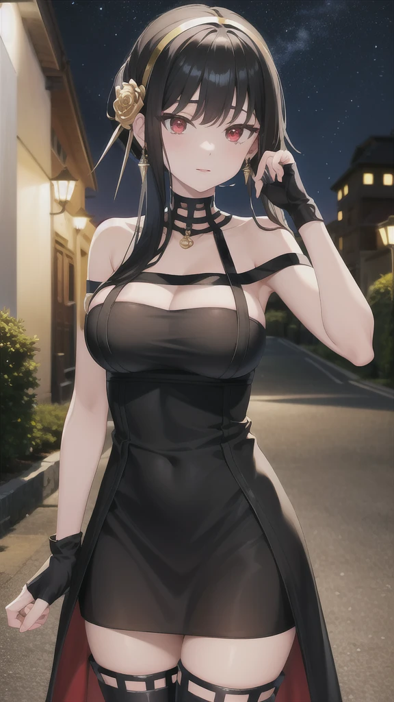 masterpiece, best quality, highres, aayorf, sidelocks, gold hairband, hair ornament, red eyes, gold earring, large breasts, choker, bare shoulders, black dress, two-sided dress, fingerless gloves, thigh boots, cowboy shot, standing, looking at viewer, outdoors, night