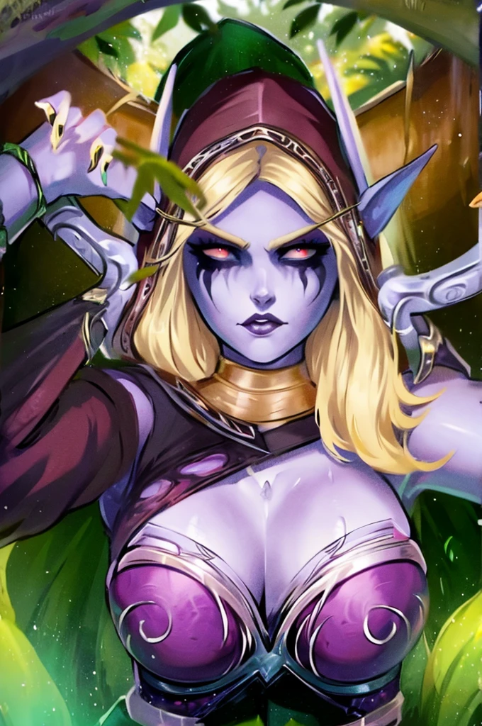 Sylvanas Windrunner - World of Warcraft, sexy and hot blonde elf girl, big tits, grey skin