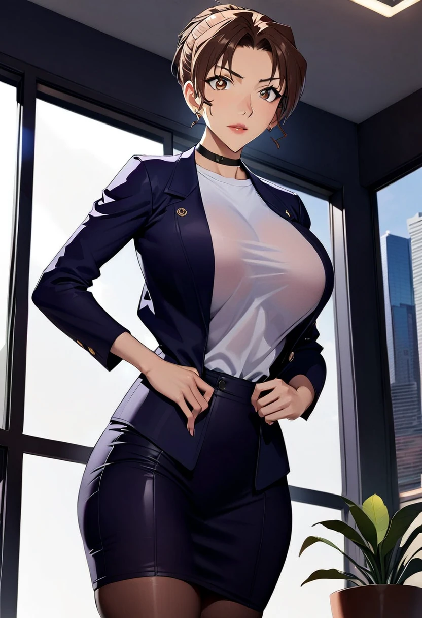 High quality ultra-realistic female images, office room woman, white wall, gray table, plant, window, Masterpiece of sexy pose))), ((highest quality)), ((Complex)), ((surreal)), stupid reply, mature woman, mature woman, perspective, very detailed, shape, 1 girl, ((big breasts)), perfect hands, finger details, fine and beautiful eyes, short hair, brown eyes, chief executive officer（chief executive officer（CEO, (business suit:1.2), open office shirt, Tight Skirt, black choker, earrings, stockings, detailed background, Bedroom, perfect eyes, enchanting eyes, looking at the viewer, from below