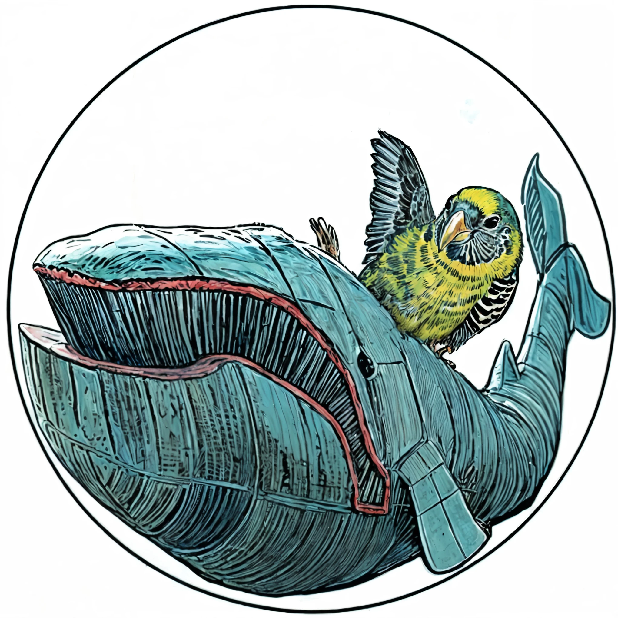 there is a bird that is sitting on a whale's back, cyborg whale, full color illustration, space whale, flying whale, by David G. Sorensen, an illustration of, whale, inspired by Yuko Shimizu, by Tom La Padula, inspired by Tim Doyle, wildlife illustration, by Joe Stefanelli, subreddit / r / whale