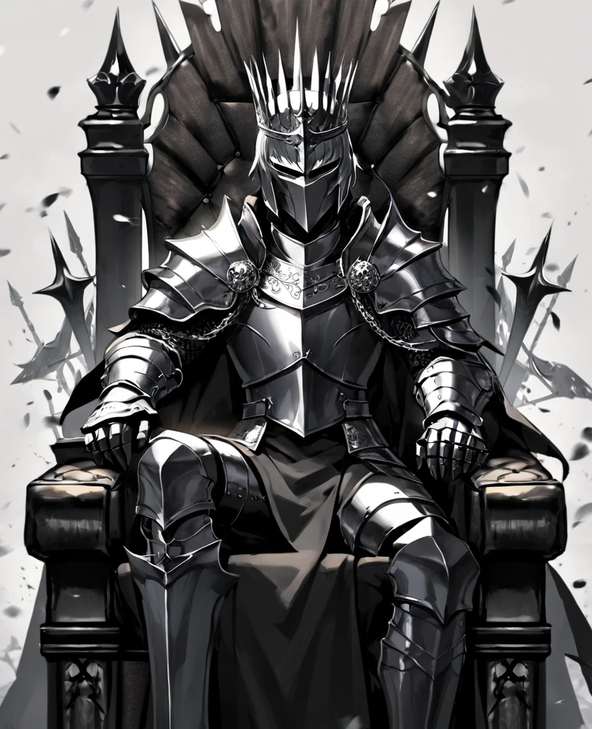 Armored knight king, faceless, in the iron throne, black and grey