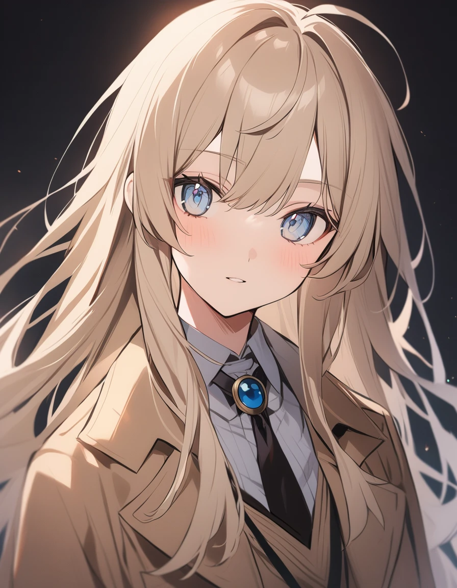One Girl、Beige hair、Light blue eyes、long hair、Detective&#39;s outfit、Bangs、chibi、simple background,smile,Chibi