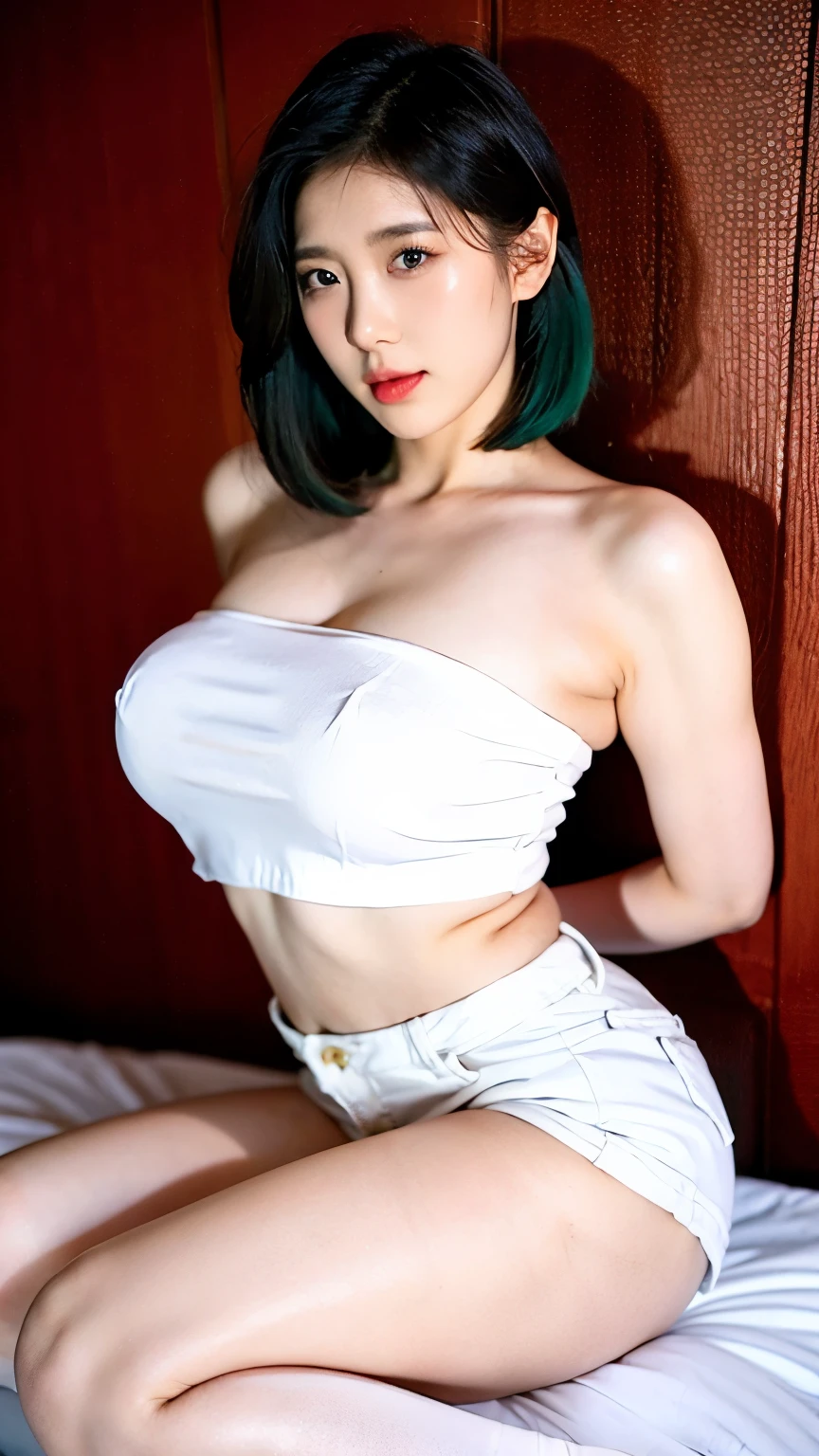 Obese beauty. Korea plump girl ,Cool Beauty. Cool face, ((Bob hair)). green hair, perfect eyes, pale skin, pink lips, fair skin, ultra-delicate face, delicate eyes, double eyelids, massive breasts, soggy, see-through. ((Wearing white tube top shirt with spandex a d jeans short pants)). off-shoulder, lace fabric, nipple, water-immersed body, jewelry. sitting on the bed. Black Dark background. Voncrete background, stand tall pose, facing camera, rule of thirds, intersection of two diagonals, 4k realistic, (better_hands), long shot. an expression of opened his mouth while opened her eyes furrowed her eyebrows, face facing upwards. Seductive pose. Seduced.