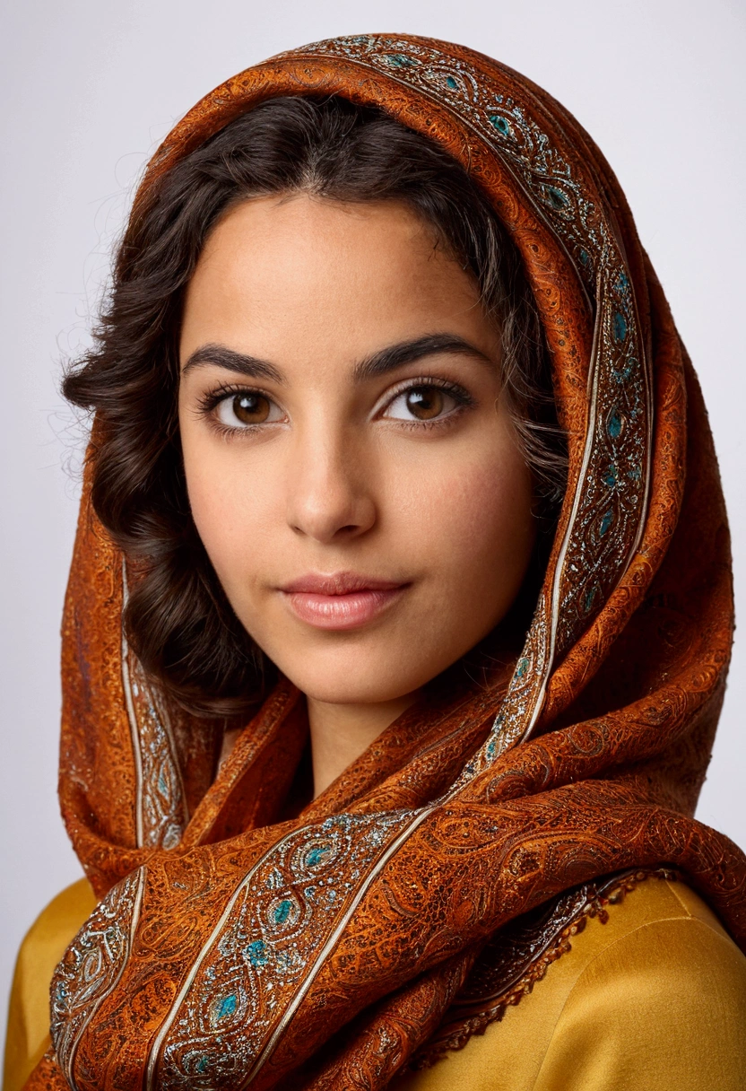 fille marocaine, Brunnete), (tenue de soirée)(foulard très ample montrant des cheveux bouclés), (Environnement lieu festif  marocain), chef-d&#39;œuvre, meilleure qualité, très détaillé, (Des yeux magnifiques et détaillés Un visage magnifique et détaillé), (meilleure qualité), (ultra-détaillé), (chef-d&#39;œuvre), (Haute résolution), (original), ultra réaliste.