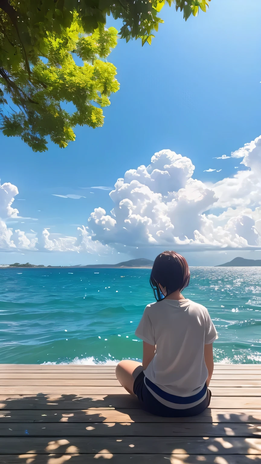 Girl sitting on the pier、Staring at the sea。There is a small island across the sea、Clouds are floating in the sky。The sunlight shines through the gaps in the clouds、Creating a fantastic scene。The sky is blue、The clouds are shining white、I can feel the wind blowing。wood々The leaves are slightly visible at the top.。 Paintings inspired by Makoto Shinkai, Beautiful anime scenery、Ultra-realistic、