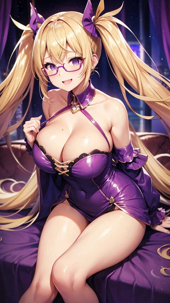 Big Breasts、Blonde long twin tails、Glasses、Shiny purple sequin dress、Pink love hotel with dim lights、Wicked Smile、Lightly open your mouth、Evil female executive、adult、Married Woman、slouch