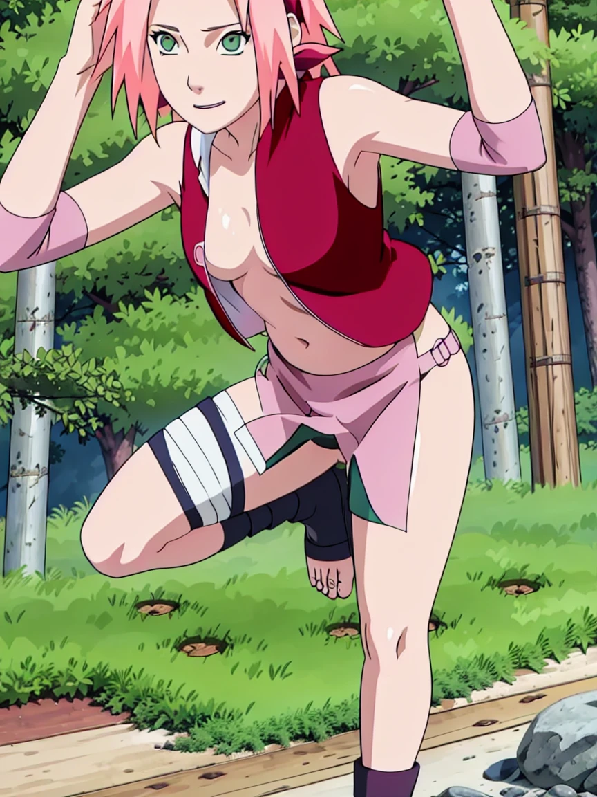 a naked woman sitting on the ground in the forest with a man in the background, sakura haruno in slug sage mode, sakura haruno, haruno sakura, from naruto, pain from naruto, Sakura Kinomoto, nezuko-chan, naruto, hinata hyuga from naruto, the anime girl is squatting, sakura petals around you, glad!!!