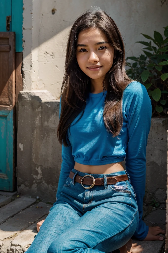  girls, smile, beautiful face, looking ahead, fair skin, sitting in a serene and colorful landscape, dengan kupu-kupu magical light. Teenagetersebut memiliki rambut hitam panjang tergerai, wearing a fitting top, with a light transition in pink and blue paint,  magical light, combined with black trousers and a belt. The overall atmosphere should be beautifully peaceful, evoke a sense of calm, 
perfect facial lighting, 