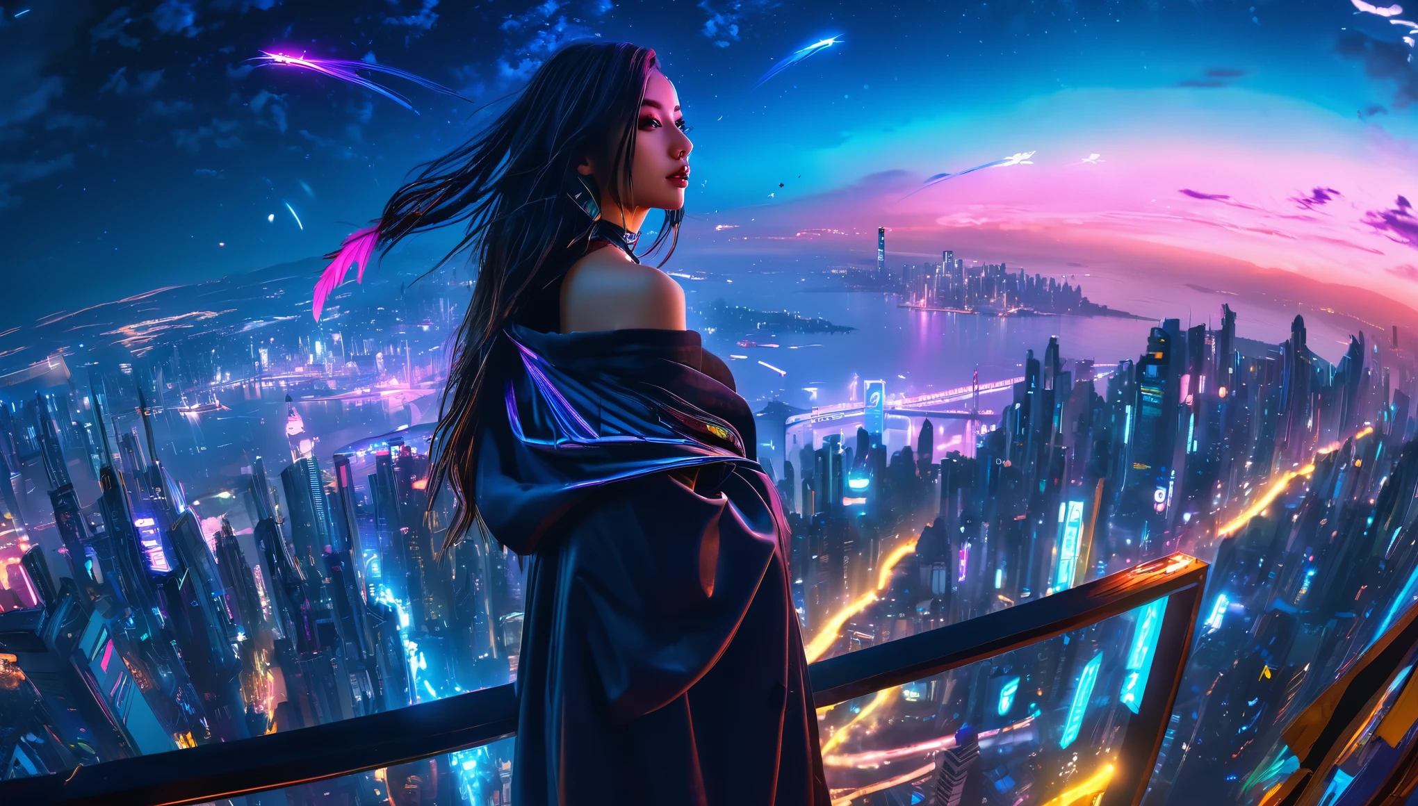 (work of art), best qualityer, ultra high resolution,Chiquita, cyberpunk 1girl flying over a stunning cityscape ,hooded cloak,hair blue, shooting stars in neon color, pretty long hair, Off The Shoulder, feather hair ornament, neon colors, writer, stunning night sky, cinematic lighting, photorrealistic, realisic skin, HDR,fish eye