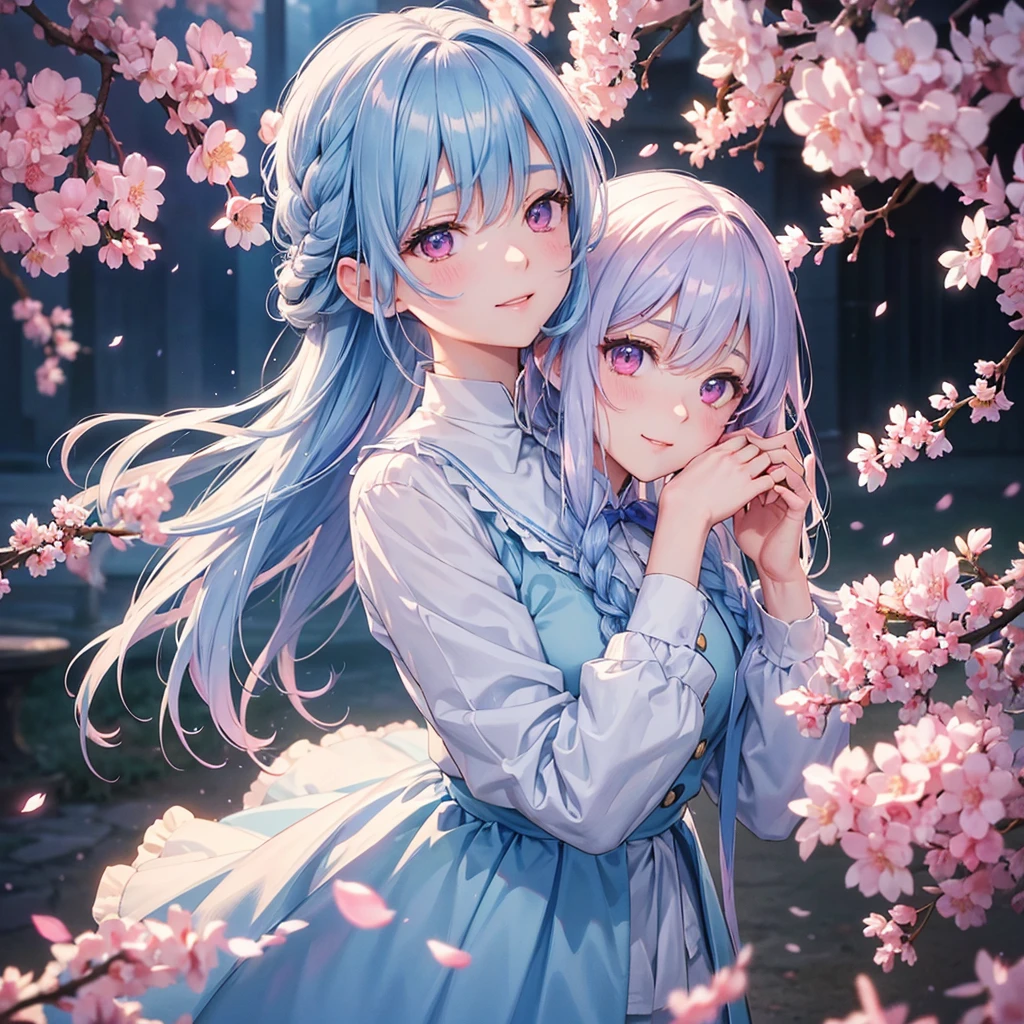 (Light Blue Medium Hair),(Braided Hair)、Pink Eyes、Fair skin、(whole body)、(uniform)、Cherry Blossoms at Night、Big smile、A dignified figure、alone、(masterpiece、Highest quality、Very detailed、Best Shadow)、(Detailed Background)、(Beautifully detailed face)、High Contrast、(Best lighting、Very delicate and beautiful)、((Cinematic Light))、colorful、Hyper Detail、Dramatic Light、Exquisite detail、
