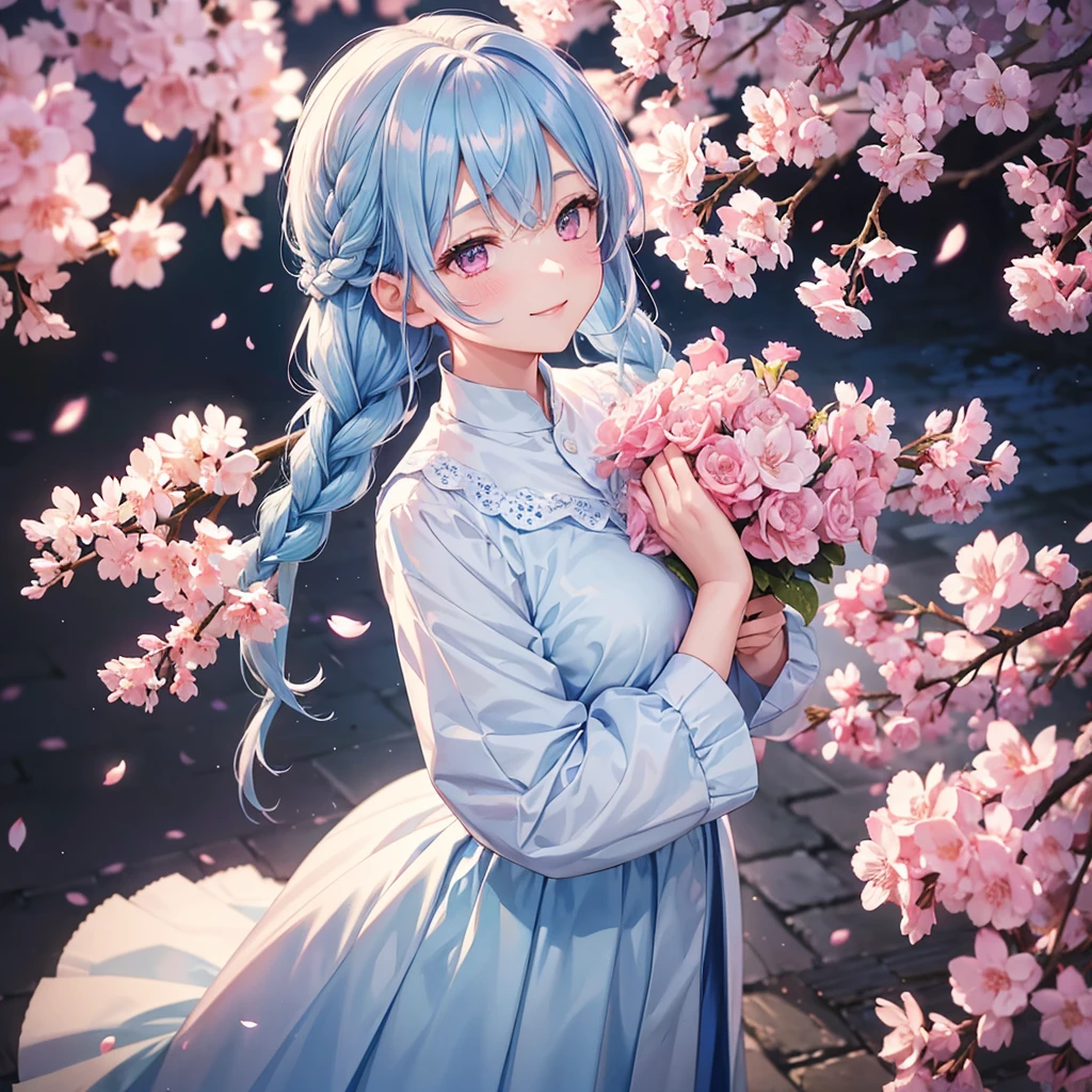 (Light Blue Medium Hair),(Braided Hair)、Pink Eyes、Fair skin、(whole body)、(uniform)、Cherry Blossoms at Night、Big smile、A dignified figure、alone、(masterpiece、Highest quality、Very detailed、Best Shadow)、(Detailed Background)、(Beautifully detailed face)、High Contrast、(Best lighting、Very delicate and beautiful)、((Cinematic Light))、colorful、Hyper Detail、Dramatic Light、Exquisite detail、