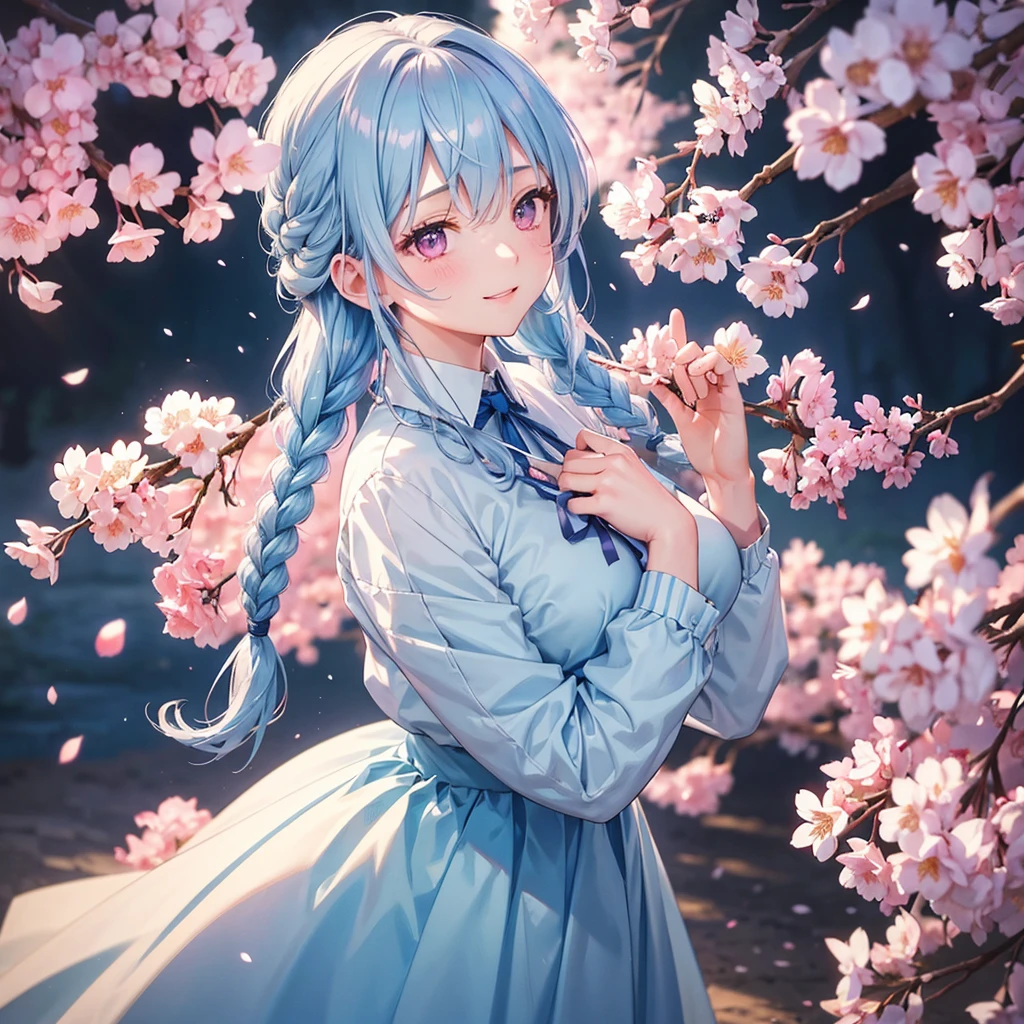 (Light Blue Medium Hair),(Braided Hair)、Pink Eyes、Fair skin、(whole body)、(uniform)、Cherry Blossoms at Night、Big smile、A dignified figure、alone、(masterpiece、Highest quality、Very detailed、Best Shadow)、(Detailed Background)、(Beautifully detailed face)、High Contrast、(Best lighting、Very delicate and beautiful)、((Cinematic Light))、colorful、Hyper Detail、Dramatic Light、Exquisite detail、