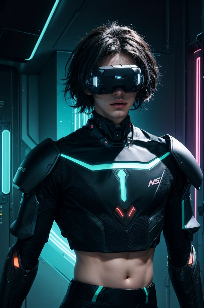 best quality, head-mounted display,
(1 boy), twink, exposed belly, surrounded by azure neon, short black messy hair, short black hair, NodesTech mascara, NodesTech headdress, ethereal hair, multicolored black hair, wearing crop top cyborg armor
BREAK sci-fi background, detailed background,  azure neon background, data space