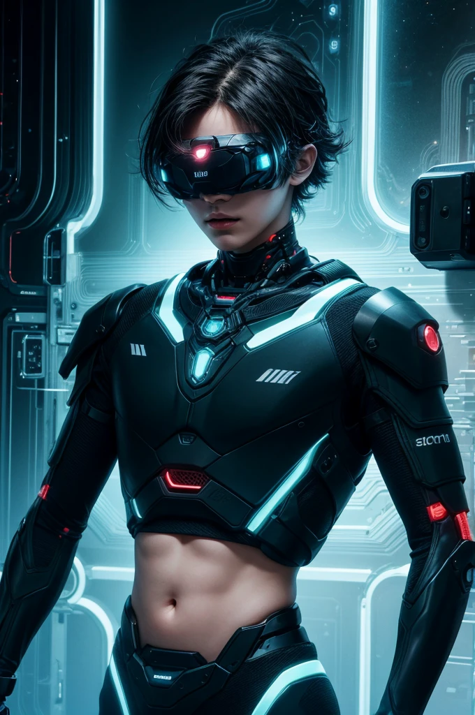 best quality, head-mounted display,
(1 boy), twink, exposed belly, surrounded by azure neon, short black messy hair, short black hair, NodesTech mascara, NodesTech headdress, ethereal hair, multicolored black hair, wearing crop top cyborg armor
BREAK sci-fi background, detailed background, azure neon background, data space
