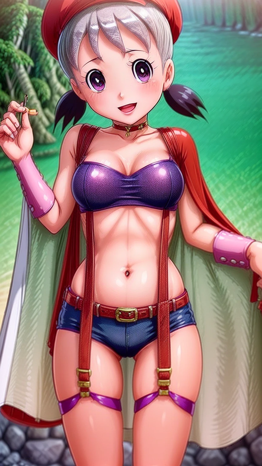 Super detailed face, Super detailed body, seductive body, chichi_dbz, standing, solo, large_breasts, Chichi_Bikini_Armor, masterpiece, best quality, detailed face, detailed eyes, highres, Slingshot , perfect eye