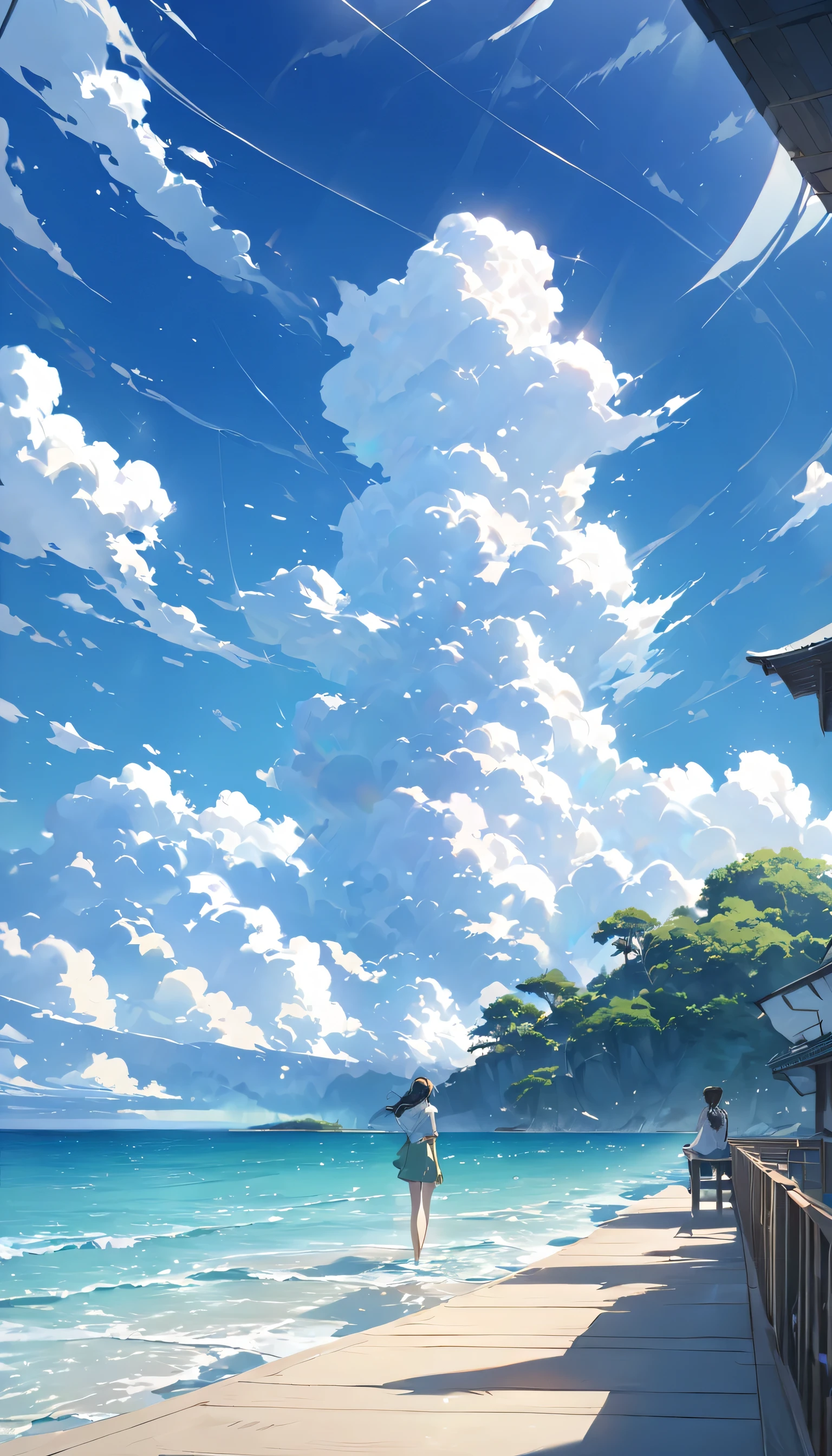 A girl is sitting on a pier with her back、Back view looking at the sea。There is a small island across the sea、Clouds are floating in the sky。The sunlight shines through the gaps in the clouds、Creating a fantastic scene。The sky is blue、The clouds are shining white、I can feel the wind blowing。wood々The leaves are slightly visible at the top.。 Paintings inspired by Makoto Shinkai, Beautiful anime scenery、Ultra-realistic, Anime movie background, Pixiv Topics、The sea water is clear、Seeing shades of green and blue、Flowing streaks of clouds can be seen in the sky、The sea is the main thing、