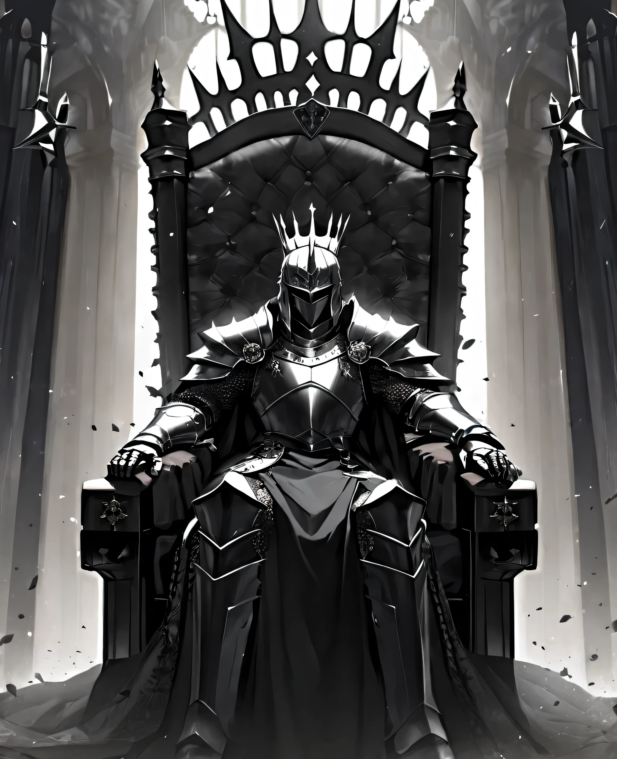 Armored knight king, faceless, in the iron throne, black and grey