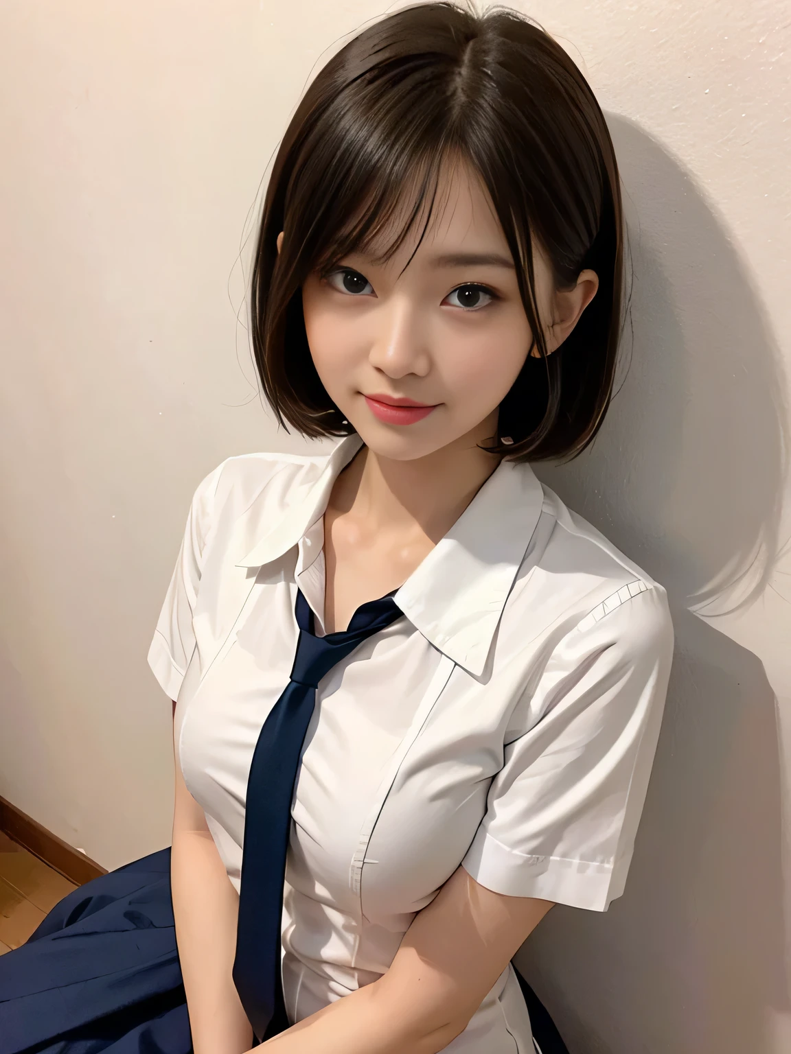Highest quality、Figures、sexly、Slender、Red tie、Open front dress shirt、Navy blue exy very detailed、Fine details、Slim Body、Slender、Japanese Girls、High resolution、8k、wallpaper、Perfect dynamic composition、Beautiful fine details、Short Bob Hair、Big natural color lip、大胆なsexlyポーズ、smile、Cold Stare、18 year old girl、Cute、Lolita、Good eyesight、whole body、Pink Wall、smile、