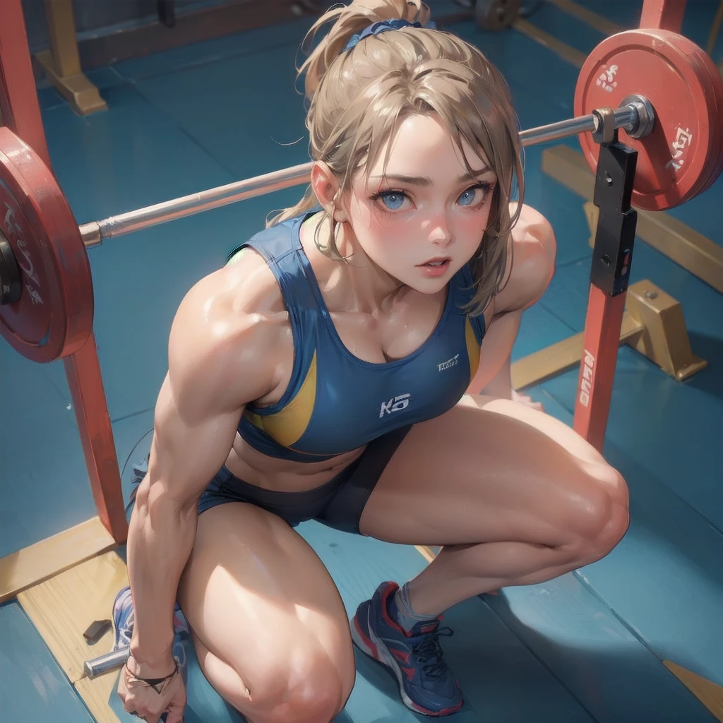 masterpiece, (textured skin), best quality, gorgeous beautiful girl, (a female weightlifting athlete), detailed clothes,large breasts,narrow waist,, (beautiful face), cinematic lighting, (at weightlifting venue ),