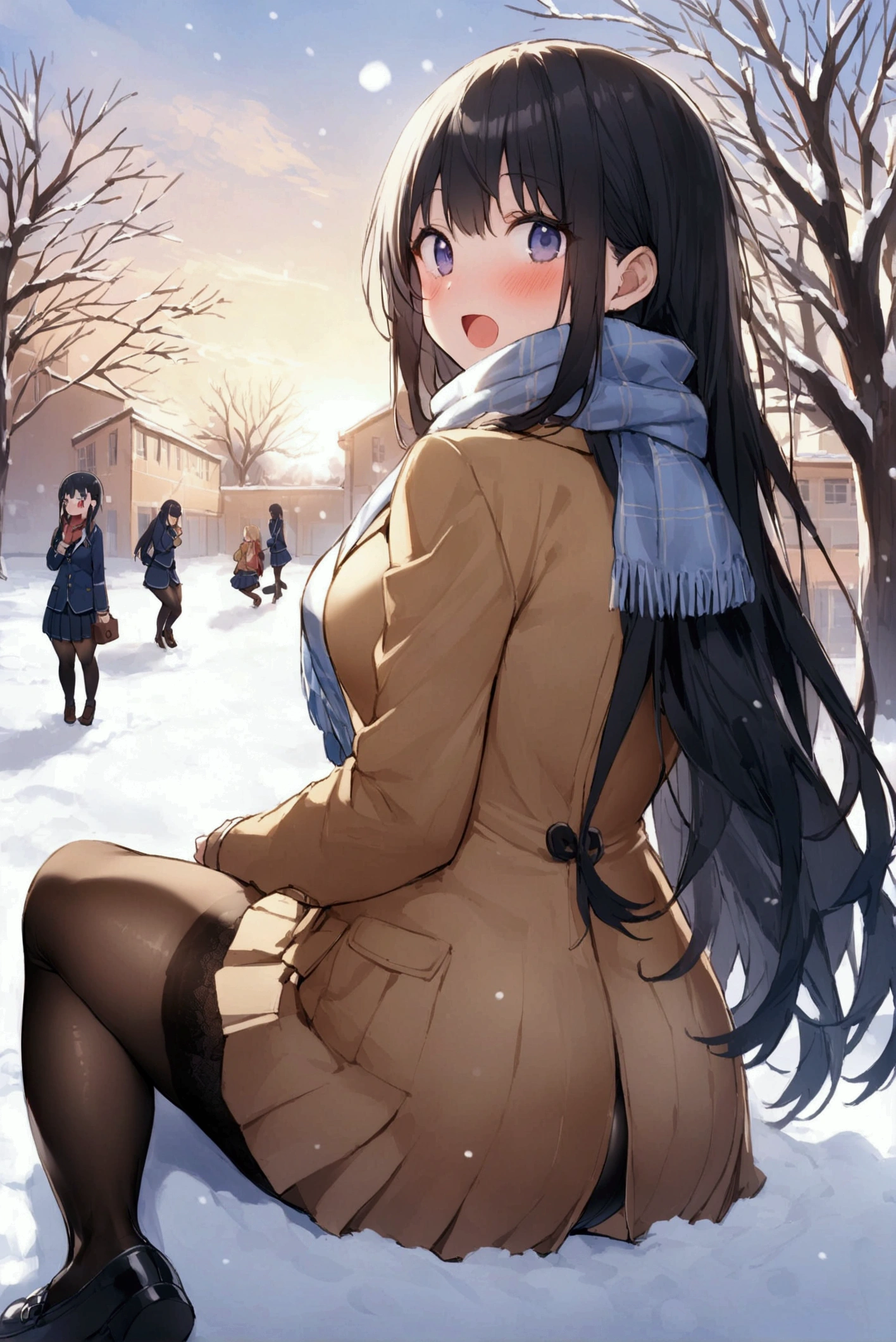 One Woman、beautiful girl、after school、evening、high school girl、Academy、Back of the school building、Schoolyard、winter、Under a big tree、It&#39;s snowing、Snowfall、Blazer uniform、Pleated skirt、Duffle coat、Black Pantyhose、Long Hair、Wearing a scarf、Highest quality,  Thick thighs、Big 、Big Ass、Black Hair、Slipping on snow、Slip and fall、Fall backwards spectacularly、Black panties、Surprised expression、Fall fancy、Scream、Slam one&#39;s ass on the ground、Close ~ eyes
