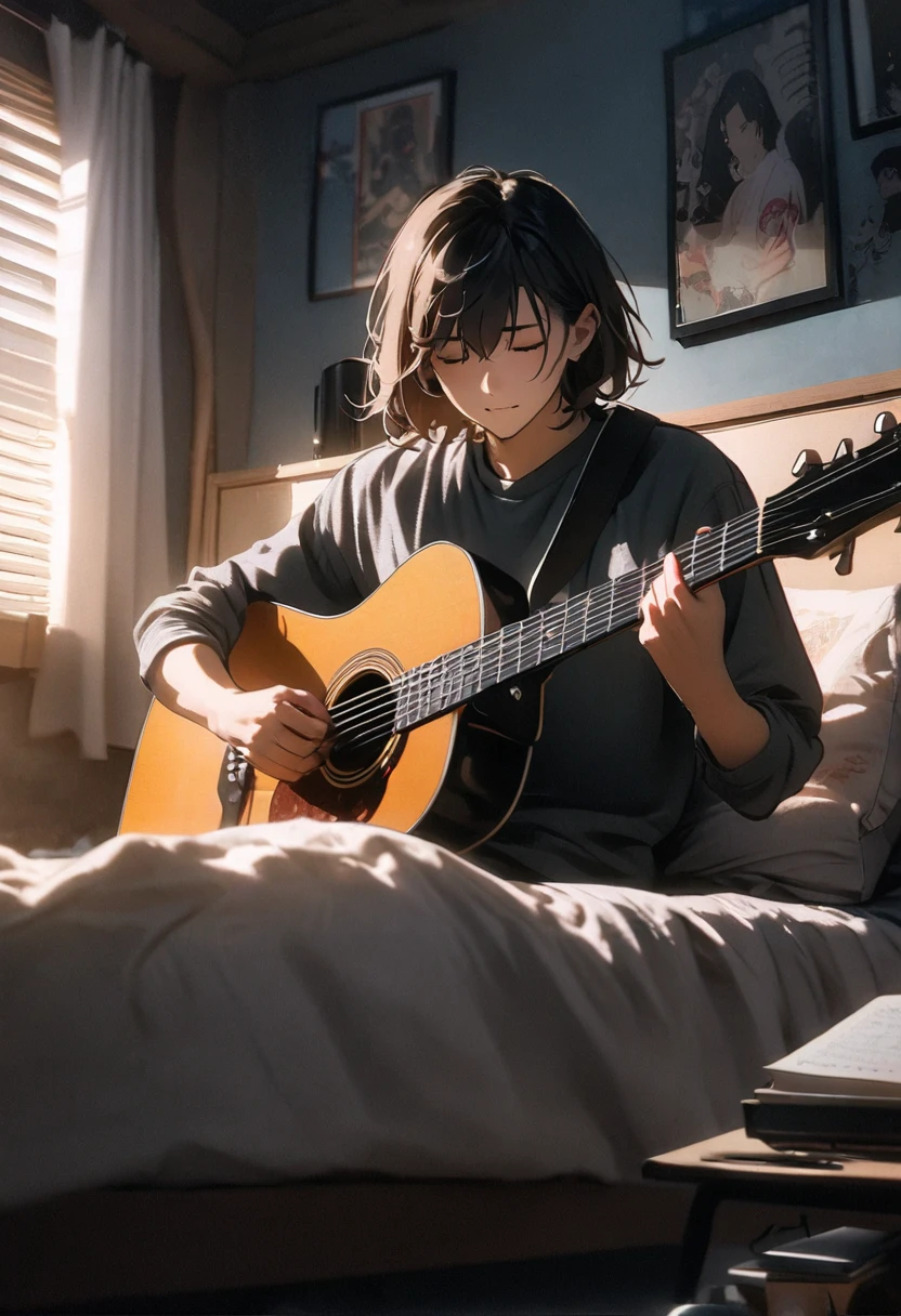 A boy(let it be a man) plays a guitar and a book in a bed, improvising music, music that reproduces itself, coffee and musical instrument, photo taken in 2 0 2 0, vibrating with the music, playing the guitar, play the guitars, Studying, DND Playback, play the guitar, Studying en el dormitorio, aesthetic shot, night setting, listening to divine music, inside shot, morning shot