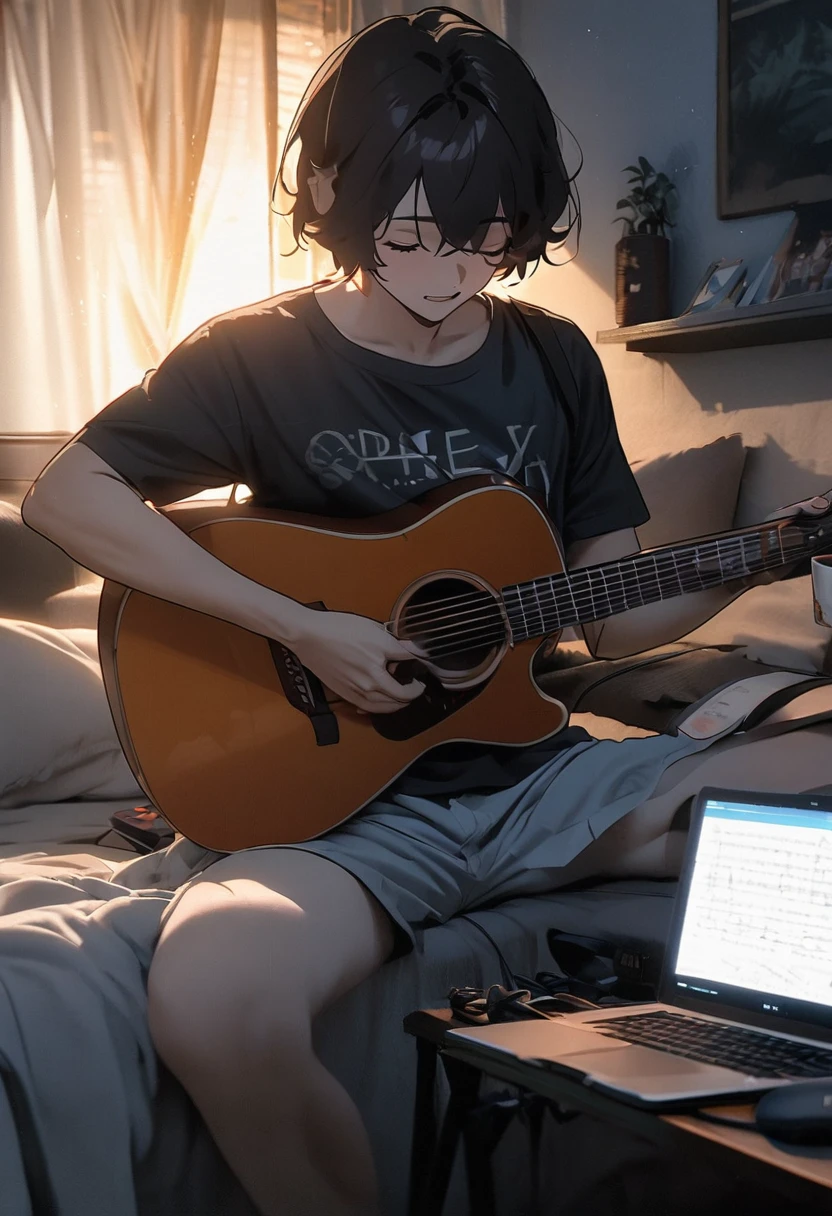 A boy(let it be a man) plays a guitar and a book in a bed, improvising music, music that reproduces itself, coffee and musical instrument, photo taken in 2 0 2 0, vibrating with the music, playing the guitar, play the guitars, Studying, DND Playback, play the guitar, Studying en el dormitorio, aesthetic shot, night setting, listening to divine music, inside shot, morning shot