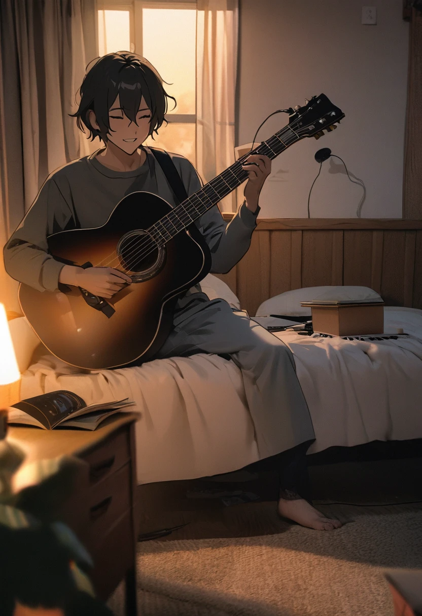 A boy(let it be a man) plays a guitar and a book in a bed, improvising music, music that reproduces itself, coffee and musical instrument, photo taken in 2 0 2 0, vibrating with the music, playing the guitar, play the guitars, Studying, DND Playback, play the guitar, Studying en el dormitorio, aesthetic shot, night setting, listening to divine music, inside shot, morning shot