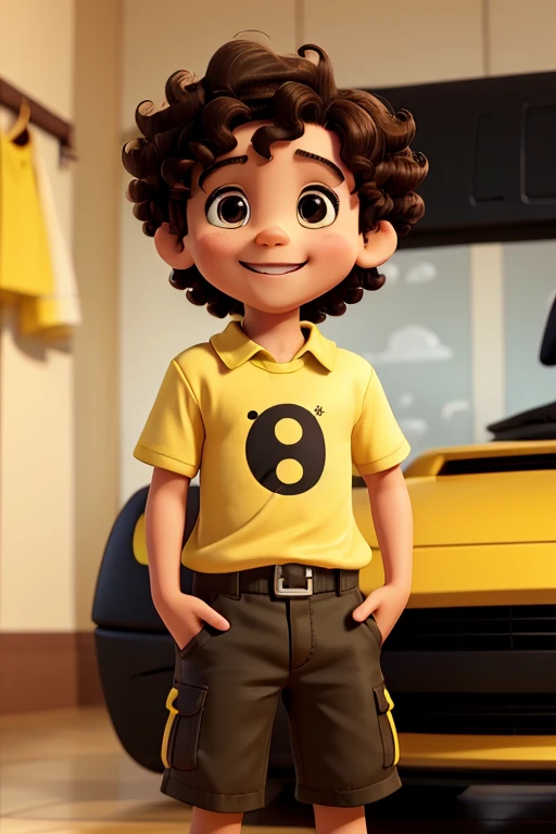 a photo of tonton carinss, a 2 year old boy, happy and smiling, white, short curly brown hair, brown eyes, yellow shirt, black shorts, looking at the camera