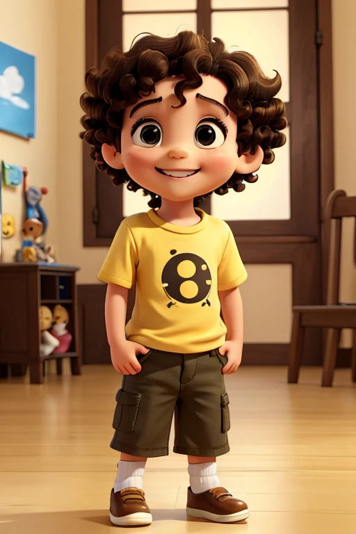 a photo of tonton carinss, a 2  boy, happy and smiling, white, short curly brown hair, brown eyes, yellow shirt, black shorts, looking at the camera