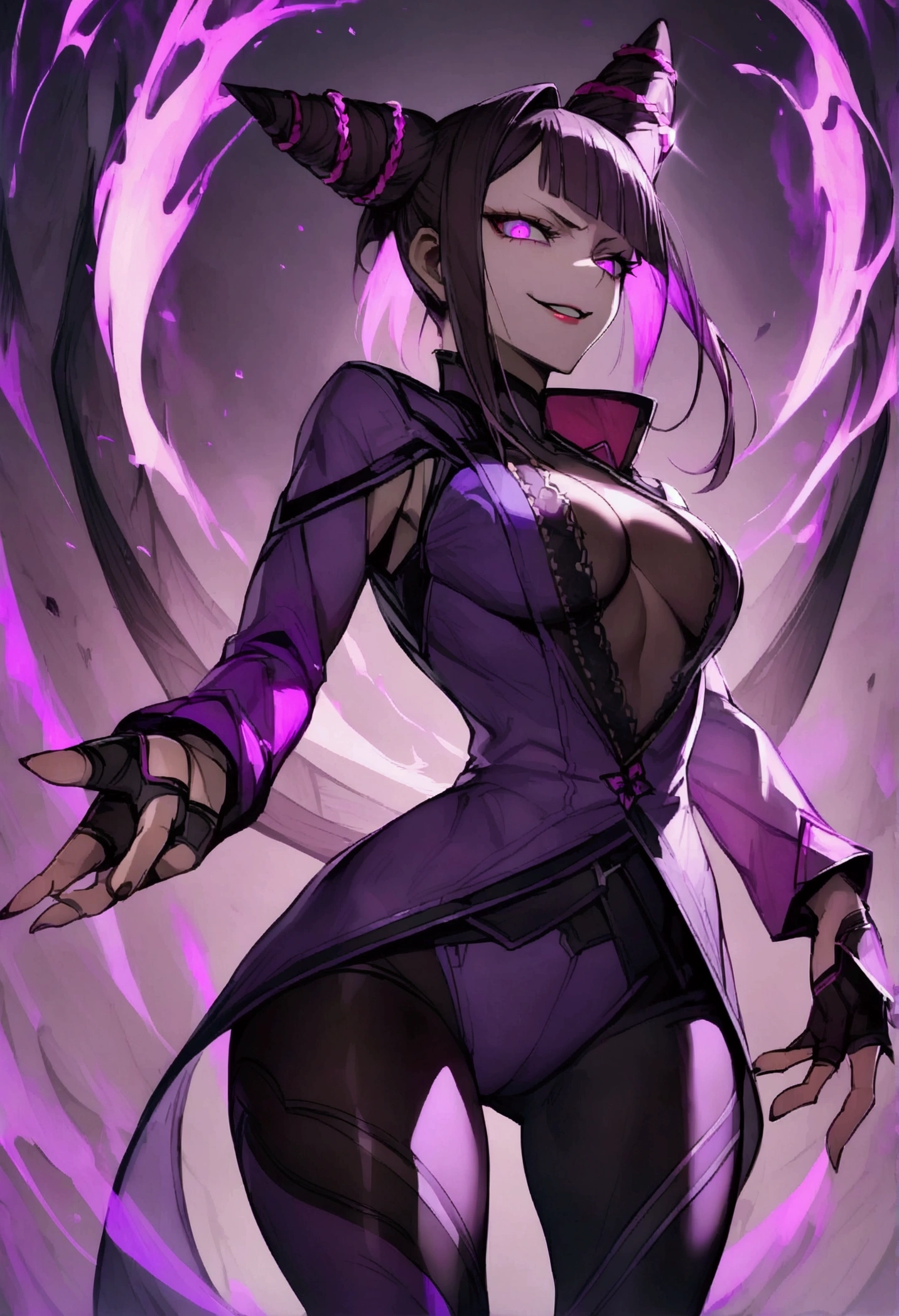 juri,wearing a white and purple jacket,horn hair,purple eyes shining bright,legging preta e roxa,purple aura,evil smile,bangs on the eyes,detailed hair