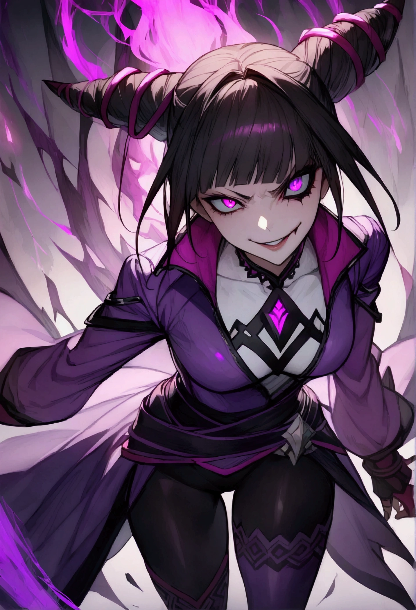 juri,wearing a white and purple jacket,horn hair,purple eyes shining bright,legging preta e roxa,purple aura,evil smile,bangs on the eyes,detailed hair