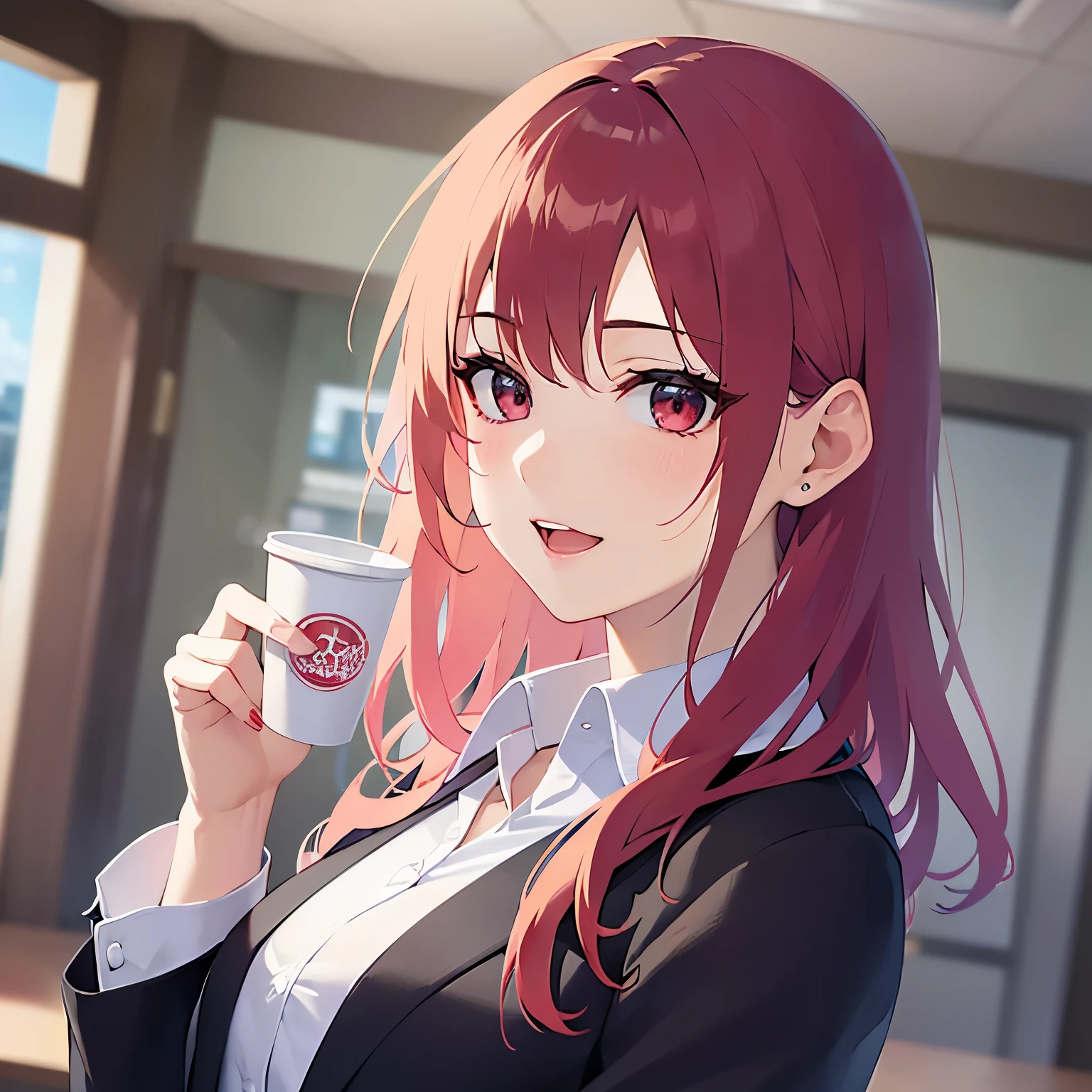 Realistic, real person, RAW photo, photorealistic, portrait photography, shiny skin, 
25-year-old woman、(Medium Hair) and (red hair) and (red eyes), 
(Wearing a business suit:1.5) and (Wearing a white collared shirt)、
smile, open mouth, blush, The background is the break room、Alone、Have a paper cup