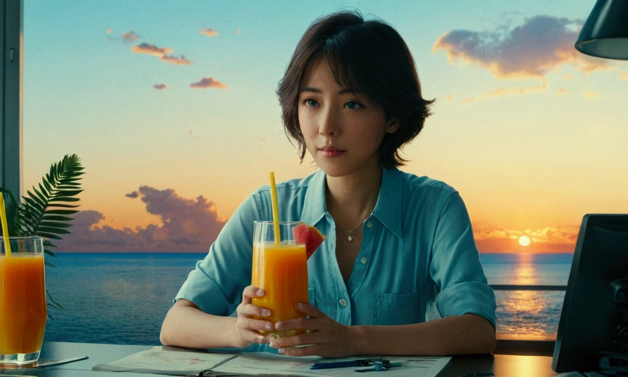 Picture of a woman sitting at a desk holding a tropical juice, Makoto Shinkai Cyril Rolland, blue sea. by makoto shinkai, Watching the sunset. anime, in Makoto Shinkai&#39;s Style, Studio Greeble Makoto Shinkai, by makoto shinkai, by makoto shinkai, Makoto Shinkai&#39;s Style