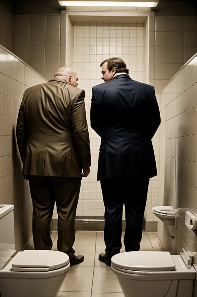 A rear shot of Jack Black and Kevin Chamberlin peeing in two rows of urinals, aiming his stream of urine with surprising accuracy towards the toilet bowl, which is just out of frame.