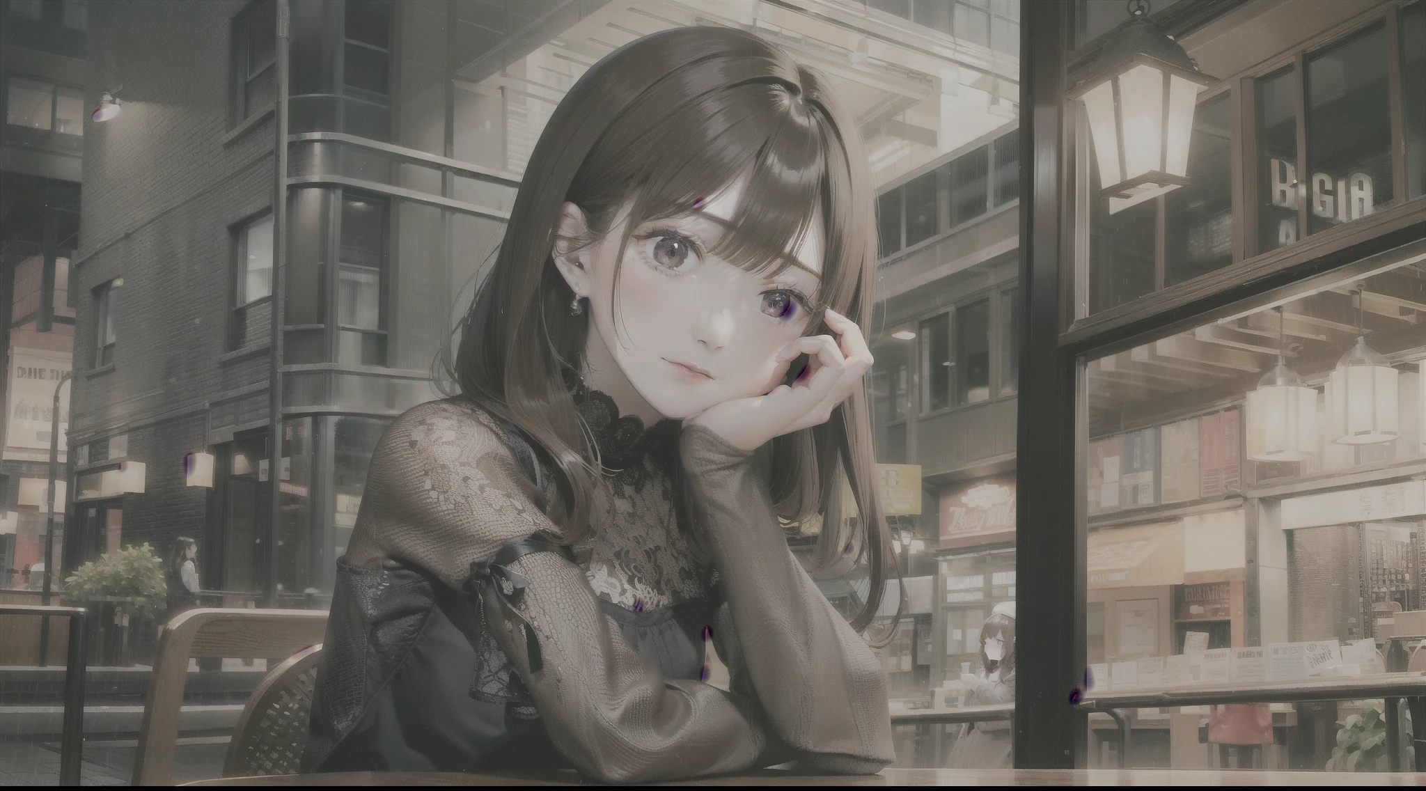(8k, Highest quality, masterpiece:1.2), Very detailed, One Girl,cute, alone,,Beautiful woman with perfect style: 1.4,((Dark brown hair, big:1.2)), Very detailed顔と肌の質感, Detailed eyes, double eyelid, Cleavage, Light clothing, Realistic and photogenic image quality, late night diner, America, Wistful Beautiful Girl, Sit in your seat, Feeling heartache, Trying to grab a glass of whiskey, Liquor, bar, rain, View of the street from the cafe window, late night, night, It's dark outside, dim, Street lamp, rain, Wet window glass, countryside町, old America, countryside, Look out the window, not looking straight ahead, Looking out the window, Sad expression, countryside, Spilling tears, Pull Configuration, wooden