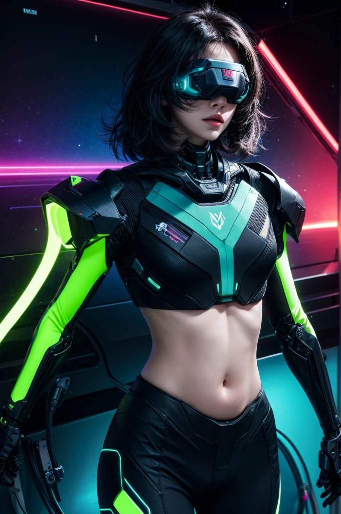 best quality, head-mounted display, twink, exposed belly, surrounded by azure neon, short black messy hair, short black hair, NodesTech mascara, NodesTech headdress, ethereal hair, multicolored black hair, wearing crop top cyborg armor
BREAK sci-fi background, detailed background,  azure neon background, data space