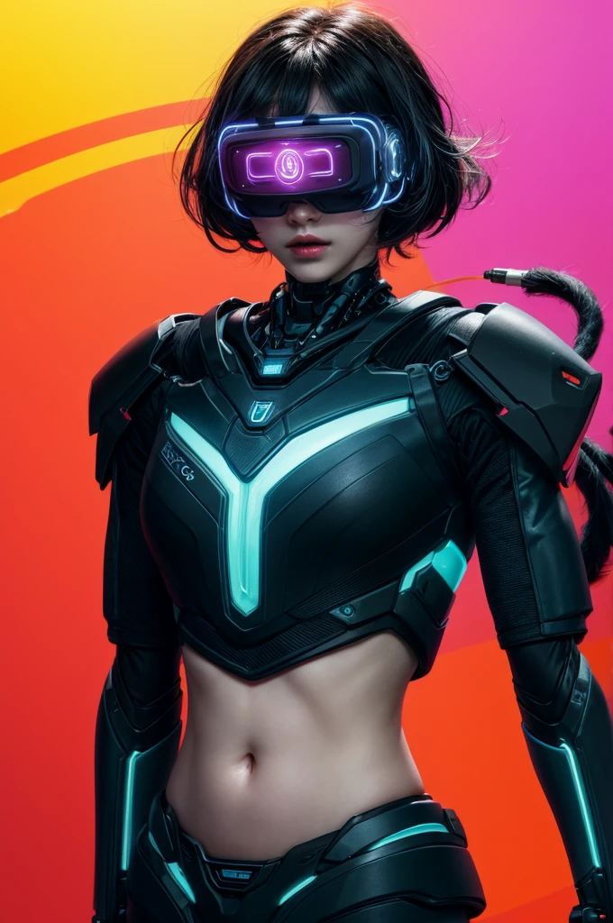 best quality, head-mounted display, twink, exposed belly, surrounded by azure neon, short black messy hair, short black hair, NodesTech mascara, NodesTech headdress, ethereal hair, multicolored black hair, wearing crop top cyborg armor
BREAK sci-fi background, detailed background, azure neon background, data space