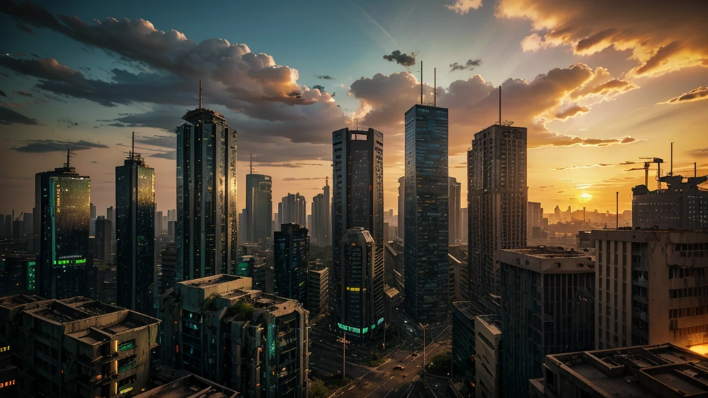 dystopic world; sunset, abandoned decayed city; lot of plants growing in front. lonely big mech works on resources on skyscrapers