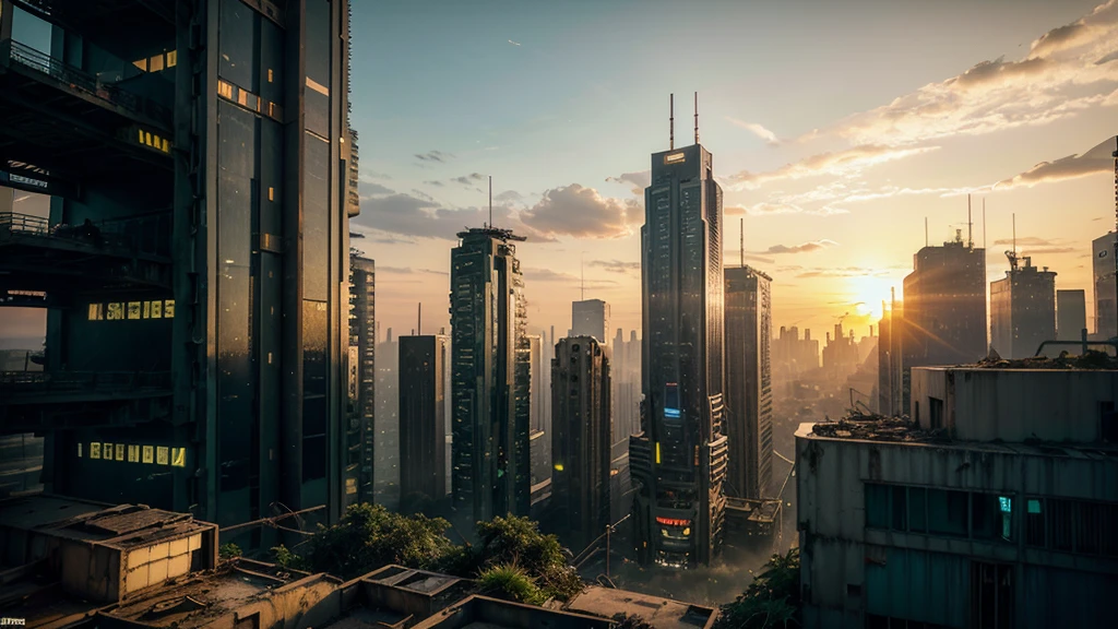 dystopic world; sunset, abandoned decayed city; lot of plants growing in front. lonely big mech works on resources on skyscrapers