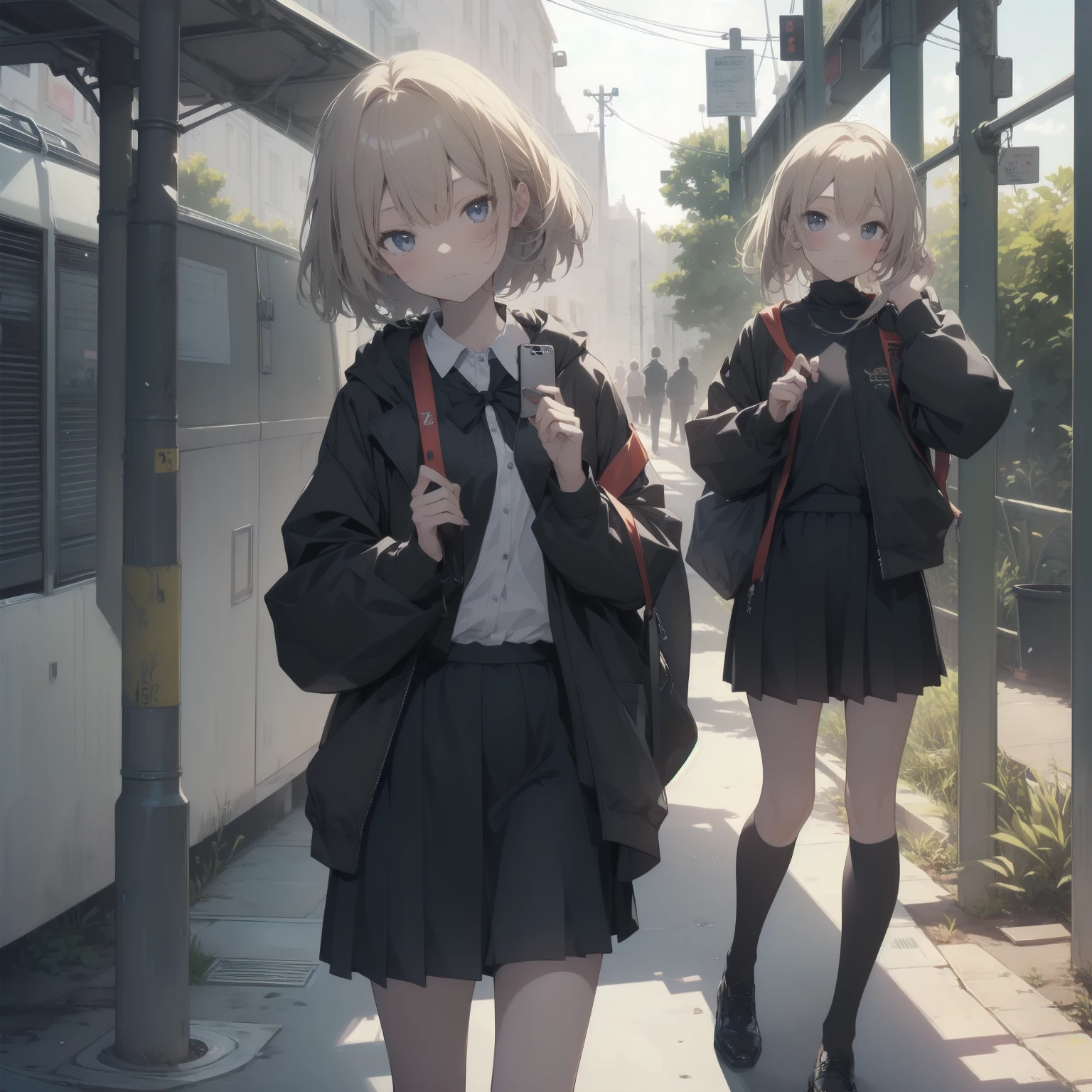 ultra-absurdres-Top quality by artist God, ultra-detailed, high resolution, anime moe artstyle, best anime 8k konachan wallpaper, pixiv contest winner, pool:2810, perfect anatomy,break, 1girl, (Please draw a girl walking sleepily to school alone. )break,(Solo,little female, 13-year-old:1.3),Full limbs, complete fingers,a junior high school student, (very short hair), short cut, flat , , small , small black eyes, beautiful detailed eyes, well-proportioned iris and pupils, expressive eyes, highres detailed hair, soft expression, salor school_uniform, sailor collar, serahuku, bow, pleated skirt,(Detailed Lighting), (Detailed background), in the School commute route. break,super detailed skin, Best cinematic lighting powered by famous artist, 8k,beauty illustration,photoshop_(medium),very aesthetic,break,((artist:kotorai )), artist:clamp ,artist:carnelian ,artist:kantoku ,
